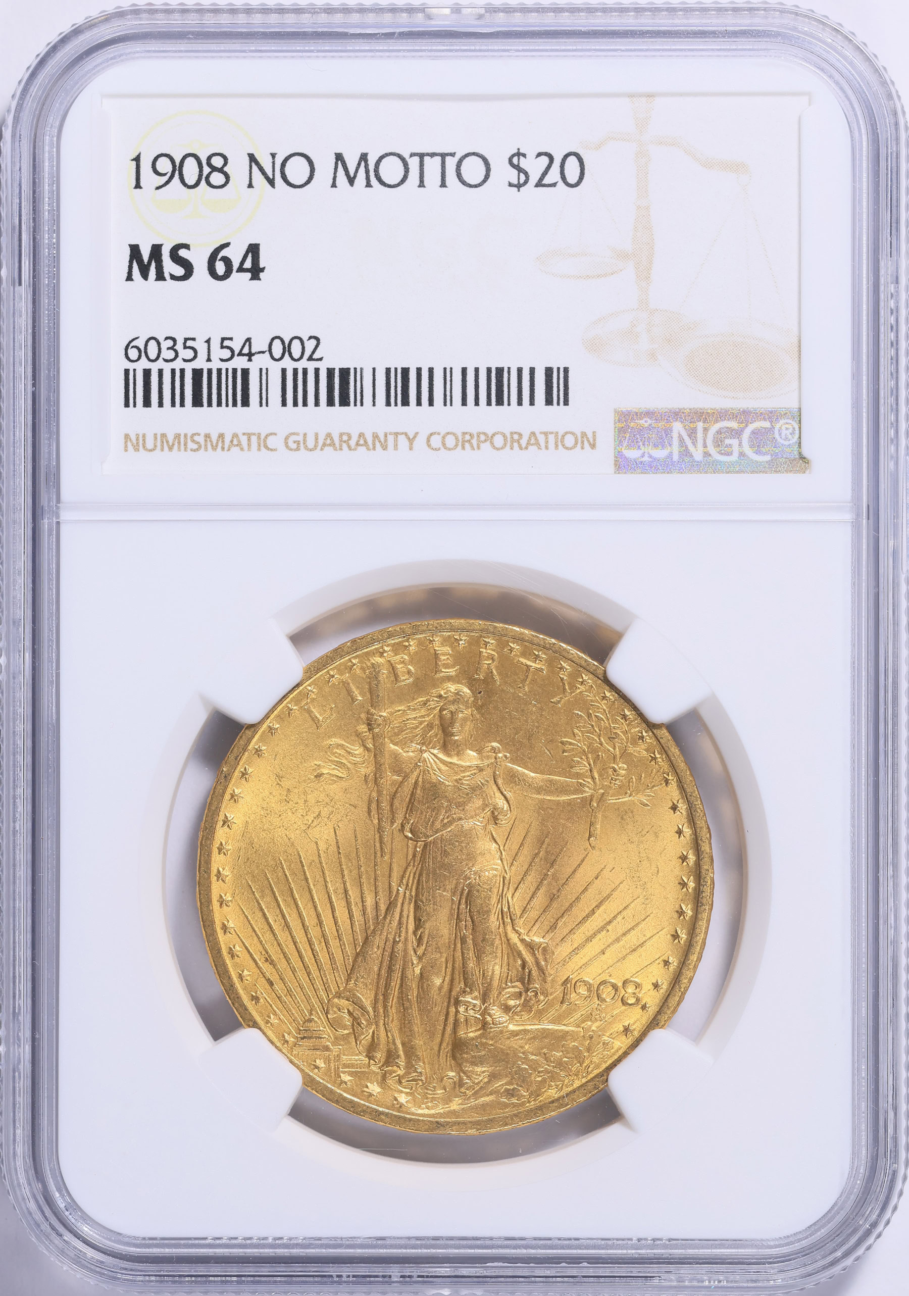 1908 Saint-Gaudens Gold Double Eagle No Motto NGC MS-64 (Item