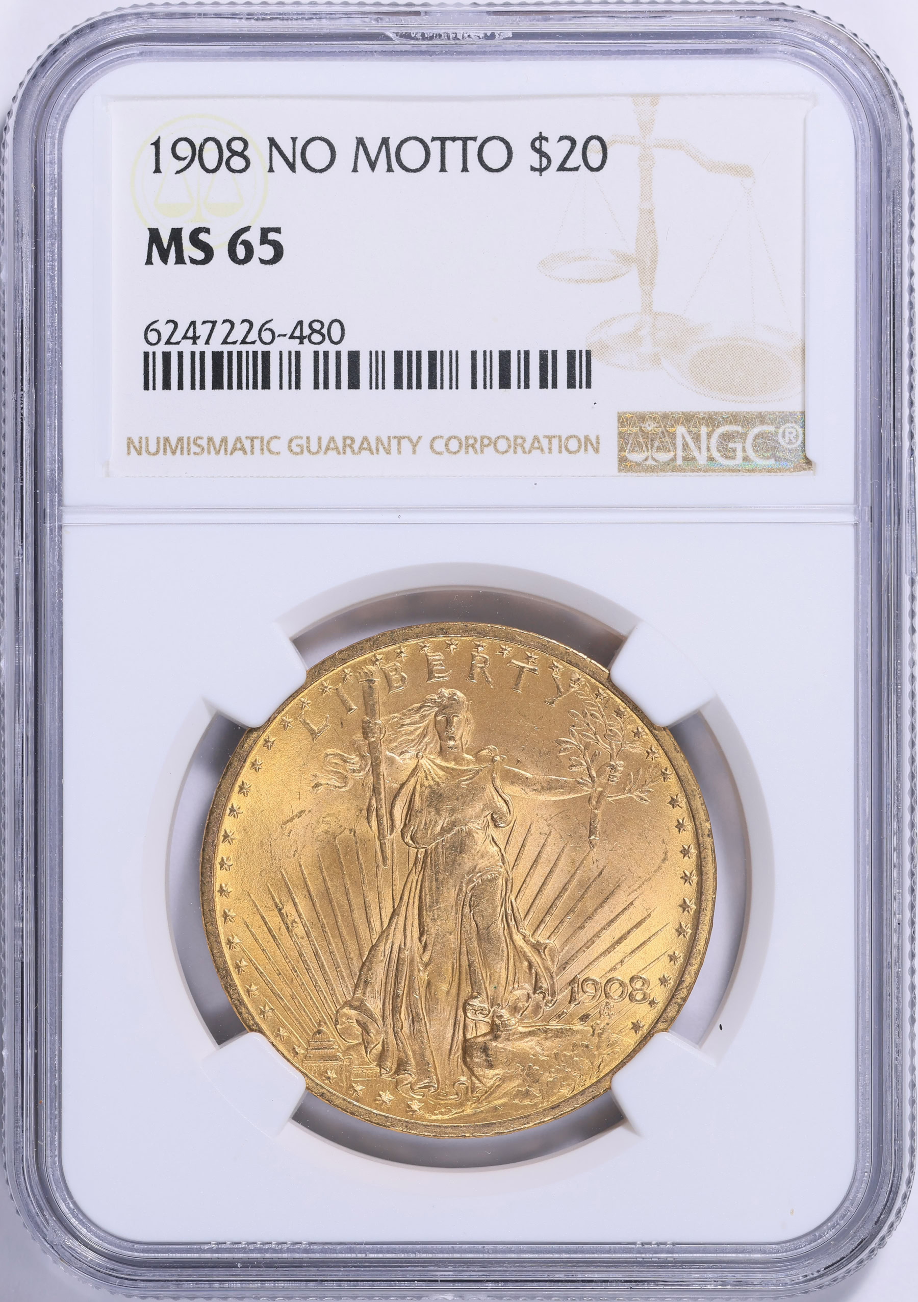 1908 Saint-Gaudens Gold Double Eagle No Motto NGC MS-65 (Item