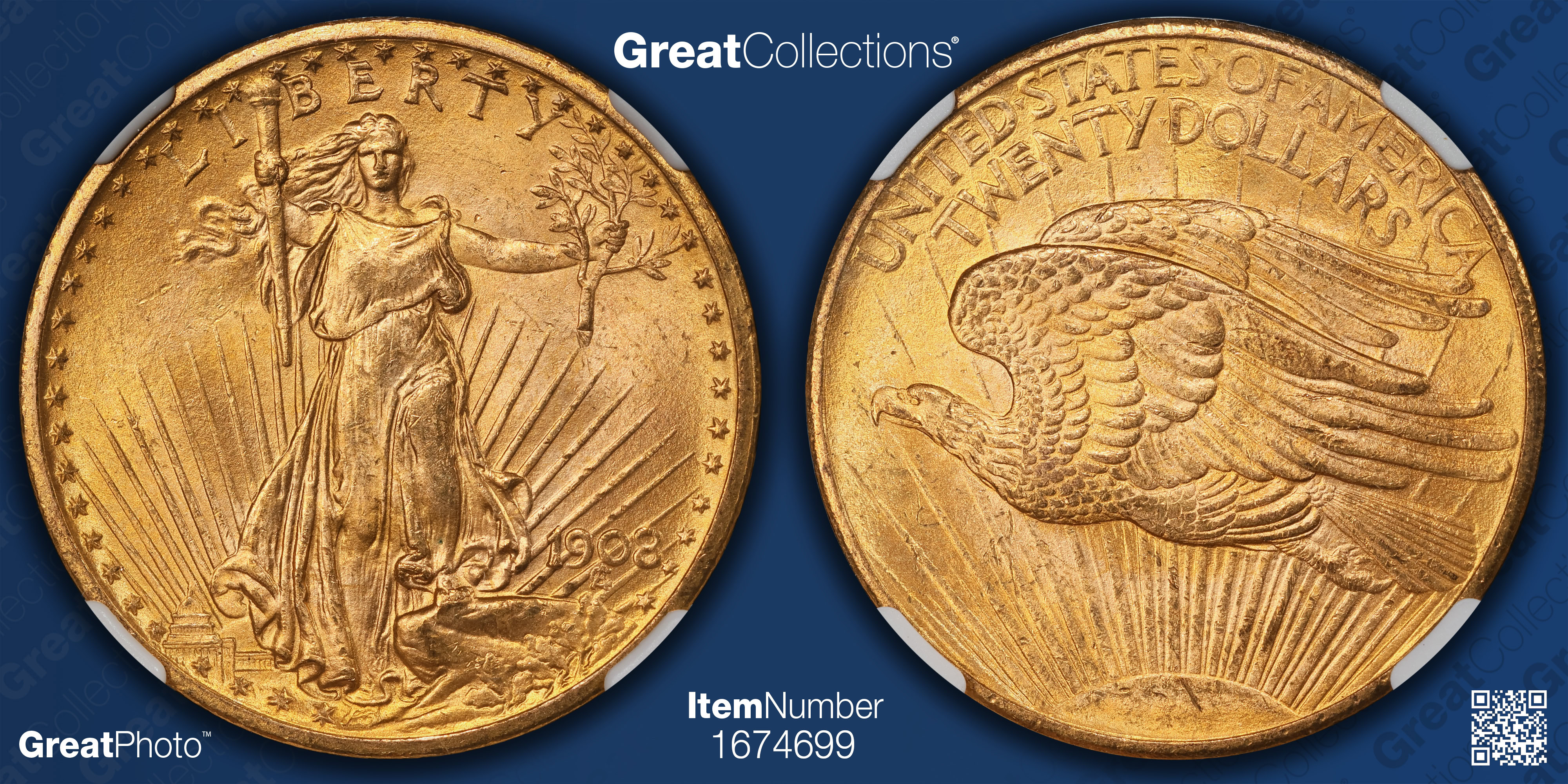 1908 Saint-Gaudens Gold Double Eagle No Motto NGC MS-65 (Item