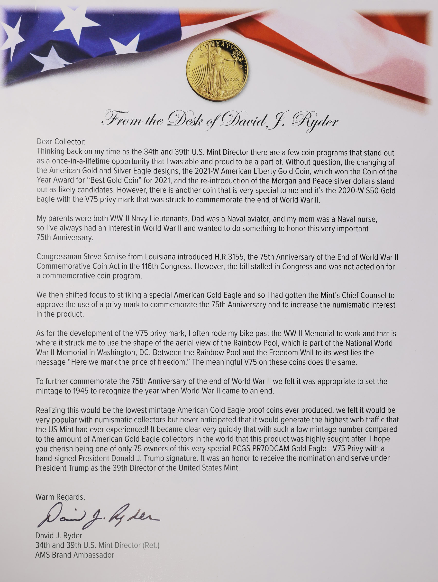 2020-W $50 One-Ounce Gold American Eagle V75 Privy 1 of 1945