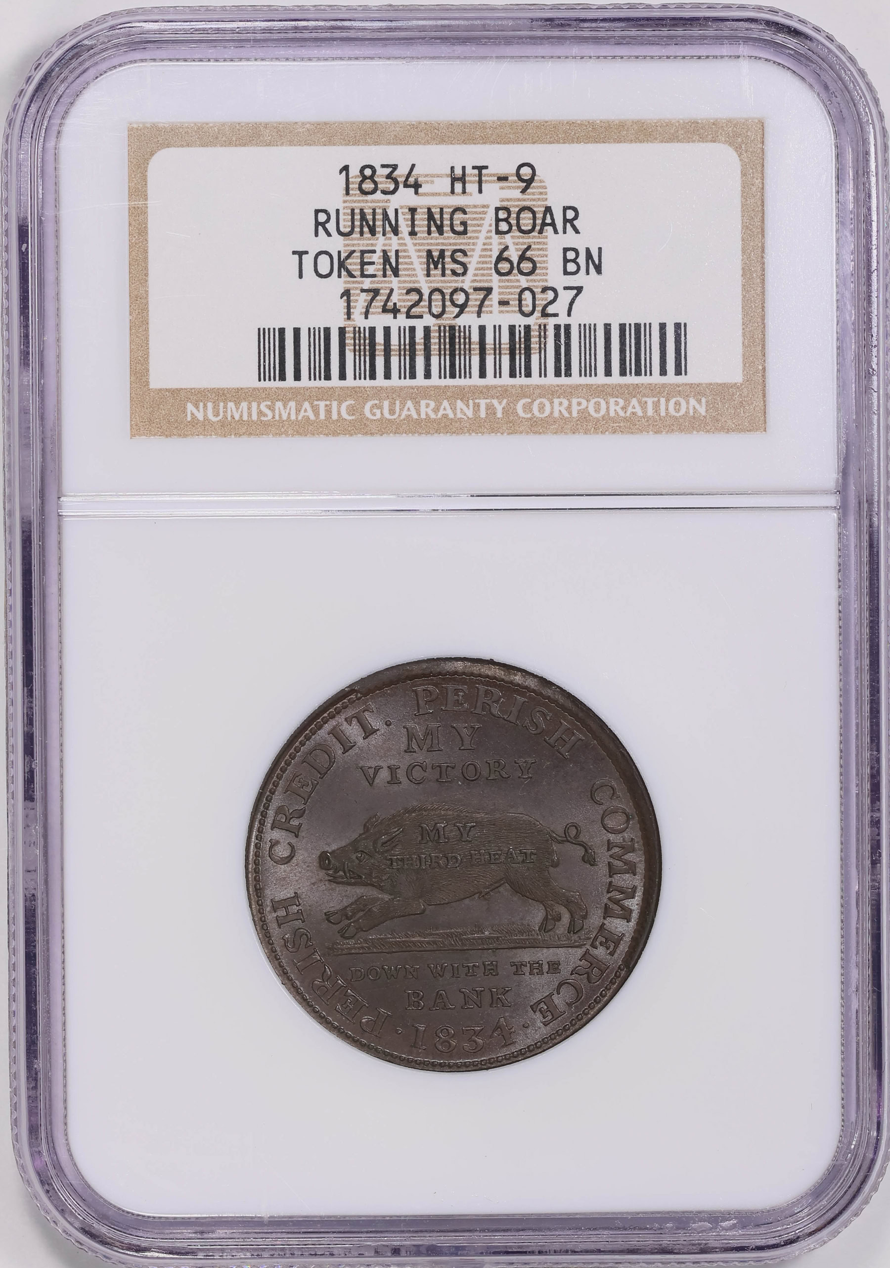 1834 Hard Times Token HT-9 Running Boar NGC MS-66 BN (Item 1677741