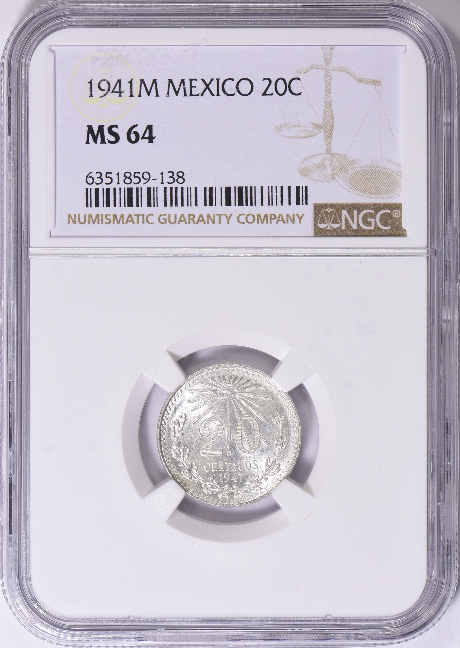 Mexico 1941-M Silver 20 Centavos KM-438 NGC MS-64 (Item 1677940