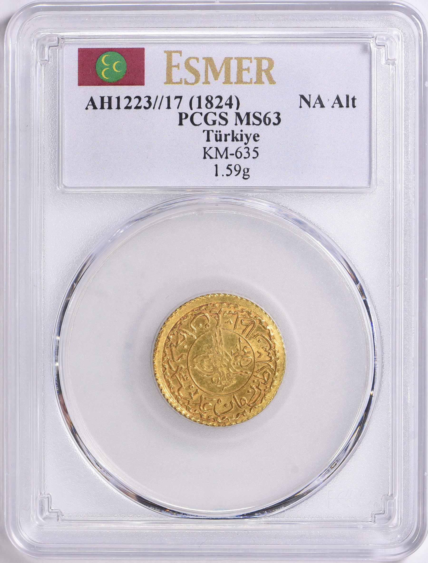 Turkey AH 1223 Year 17 (1824) Gold New Aldi Altin KM-635 PCGS MS