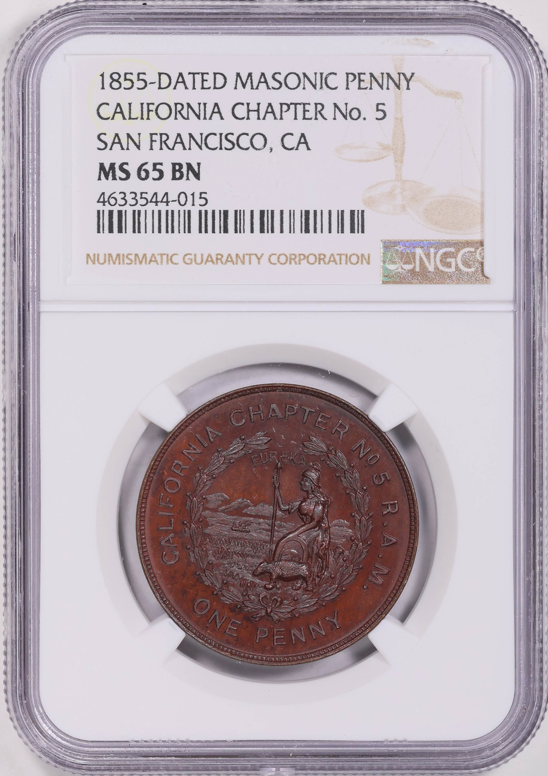 1855-Dated Masonic Penny California Chapter No. 5 San Francisco