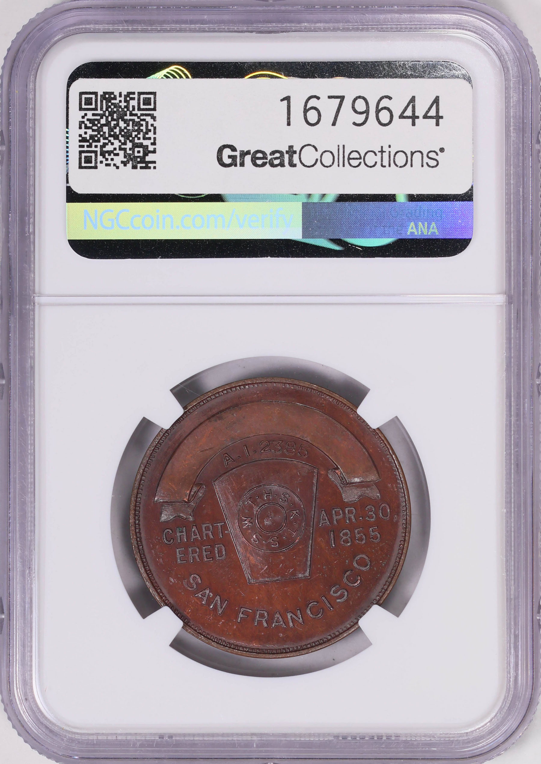 1855-Dated Masonic Penny California Chapter No. 5 San Francisco