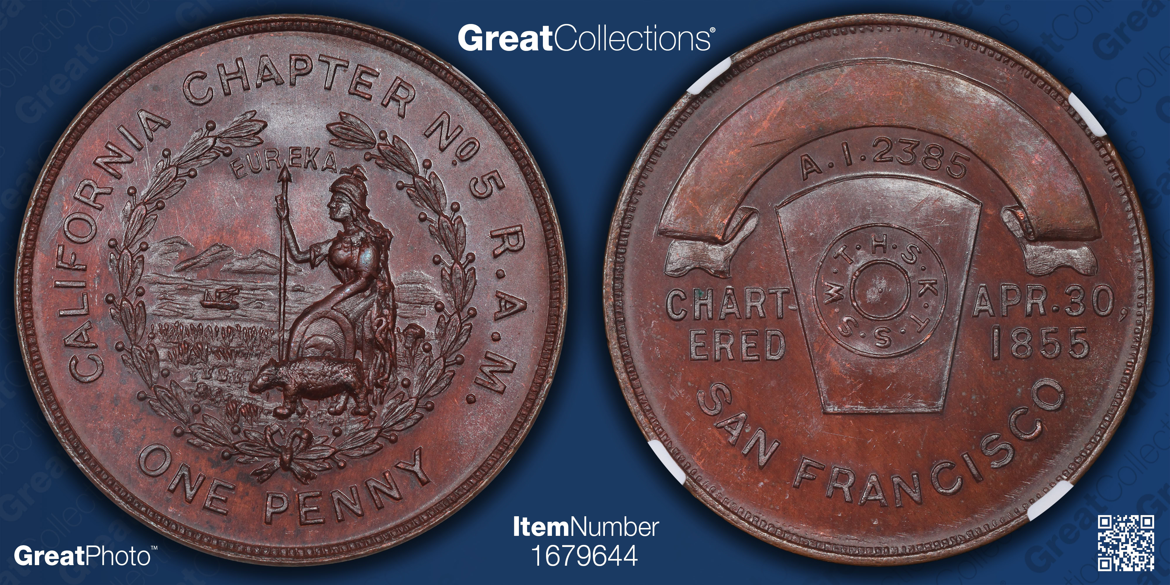 1855-Dated Masonic Penny California Chapter No. 5 San Francisco