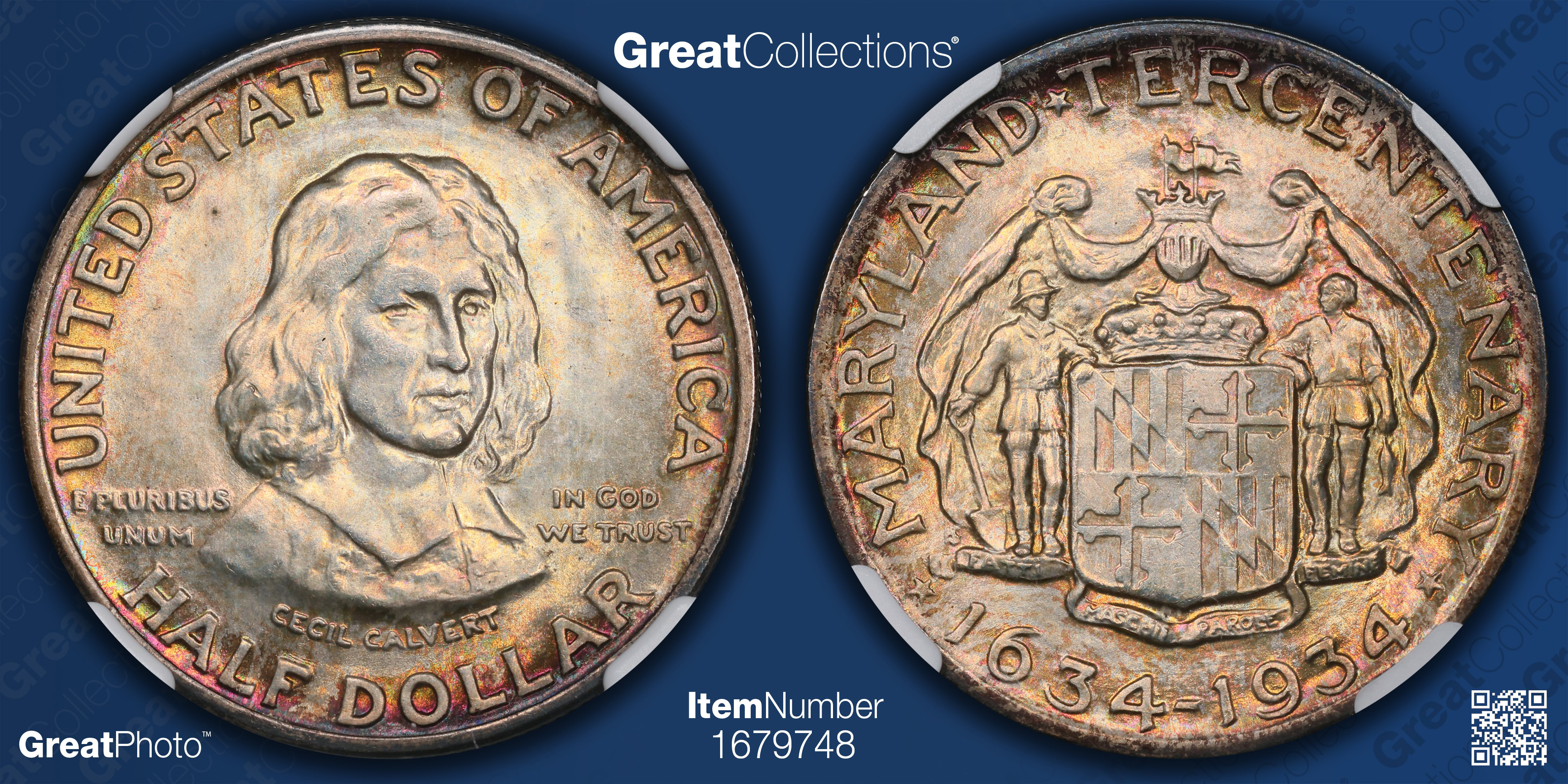 1934 Maryland Tercentenary Half Dollar NGC MS-67 (Toned) (Item