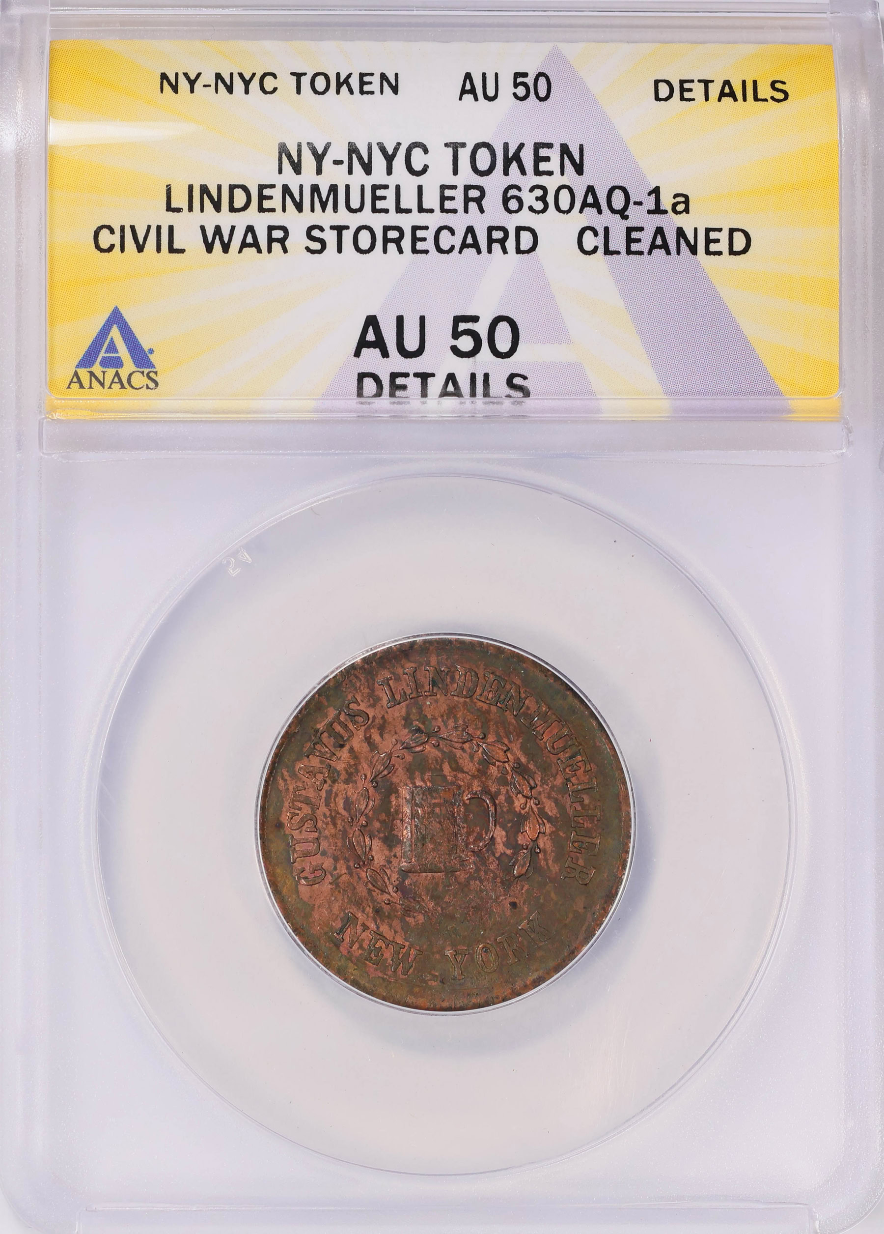1863 New York City, New York Gustavus Lindenmueller Civil War Token F ...