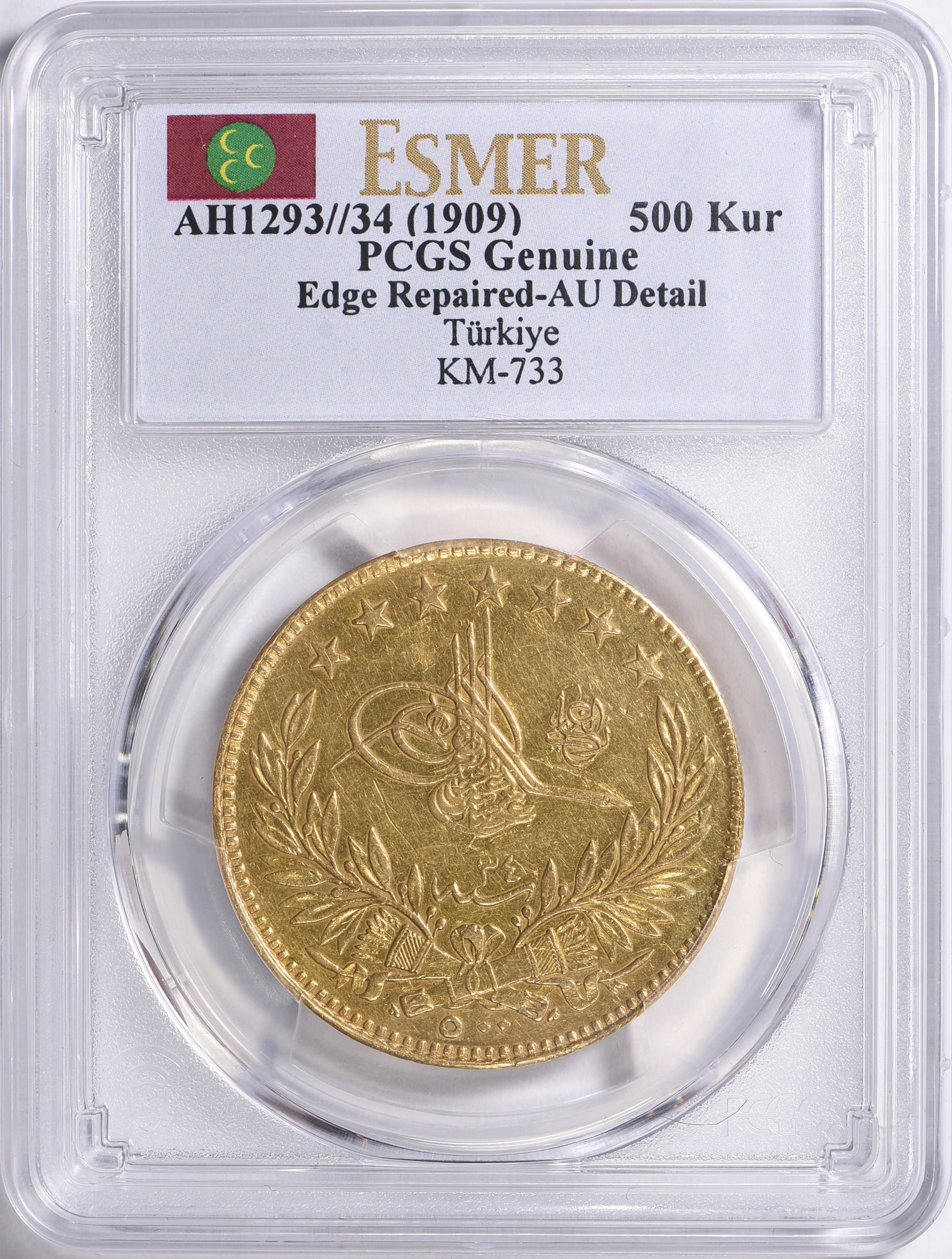 Turkey AH 1293 Year 34 (1909) Gold 500 Kurush KM-733 PCGS Genuine