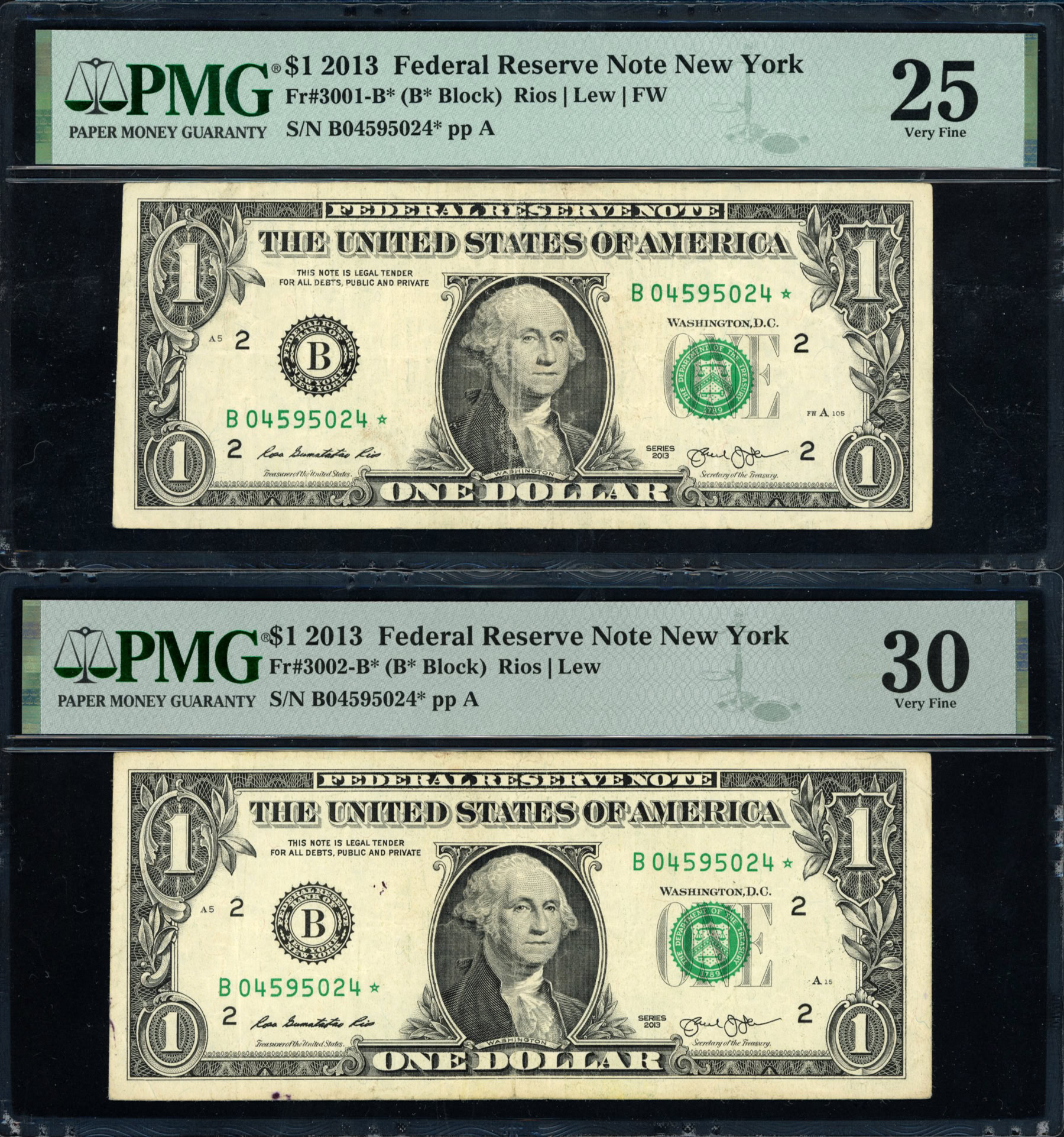 Fr. 3001B★ & 3002B★ 2013 1 New York Federal Reserve Error Star Note