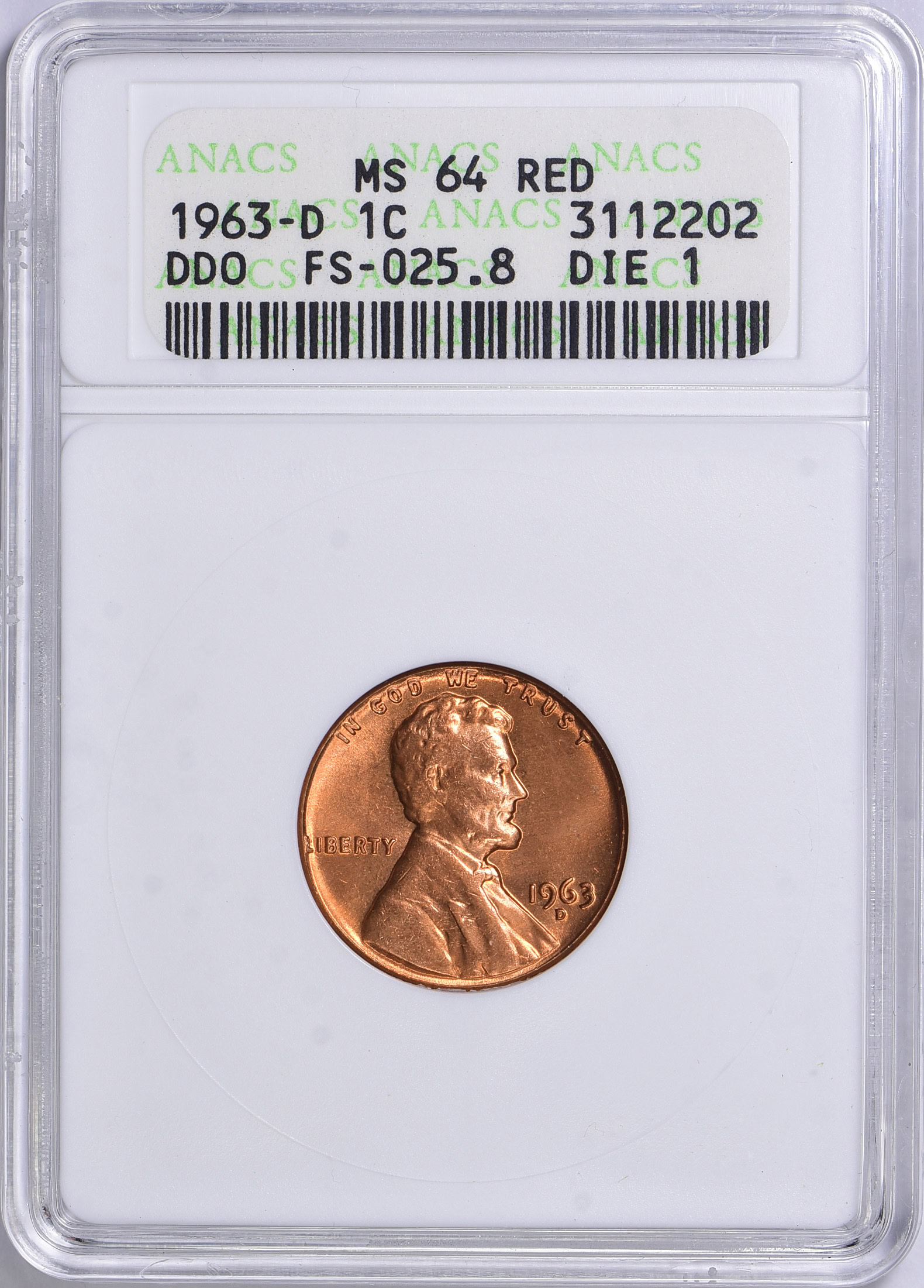 1963-D Lincoln Cent DDO FS-025.8 Die 1 ANACS MS-64 RD OH (Item 1687990 ...