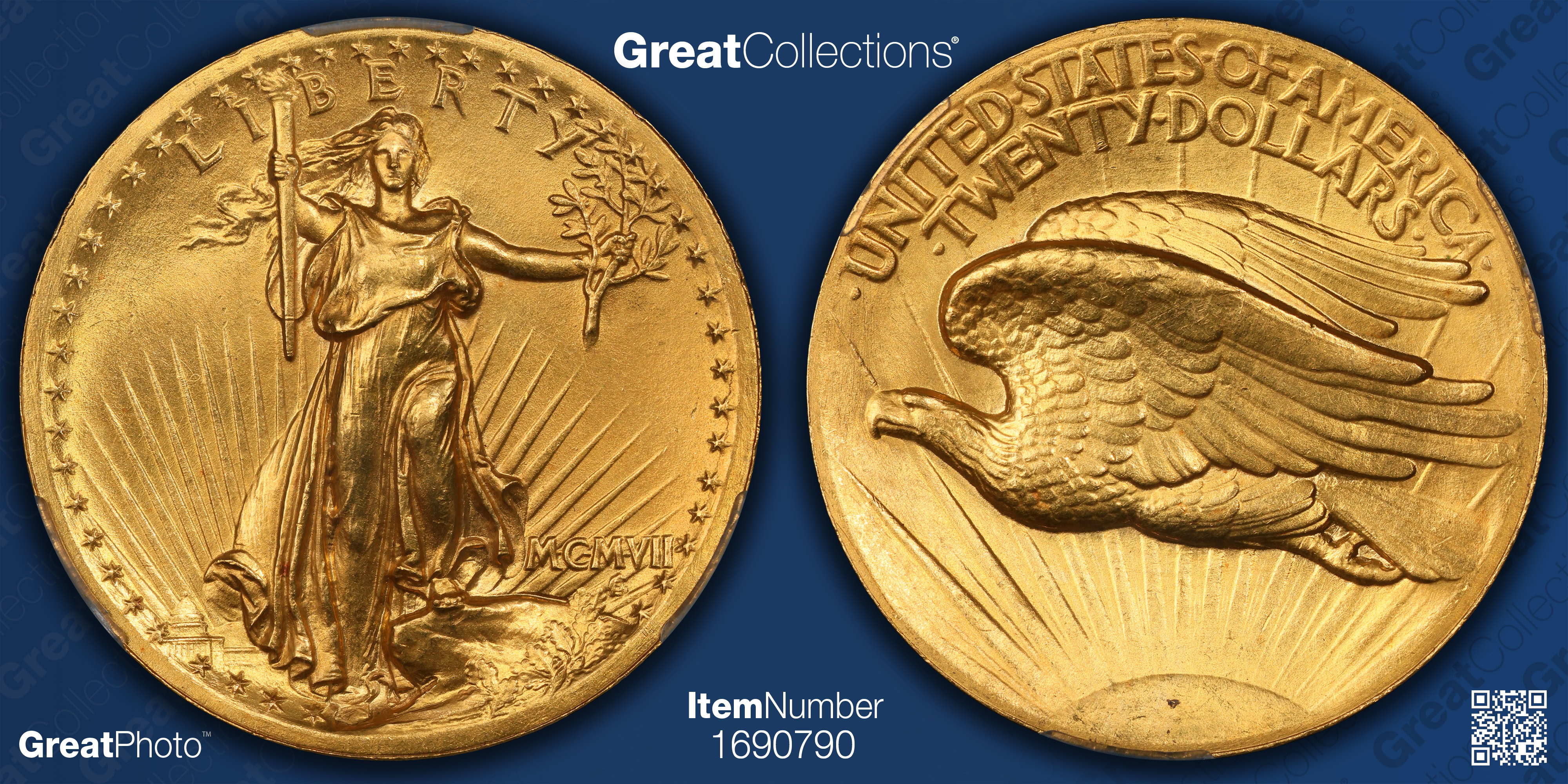 1907 Saint-Gaudens Gold Double Eagle MCMVII, High Relief, Wire