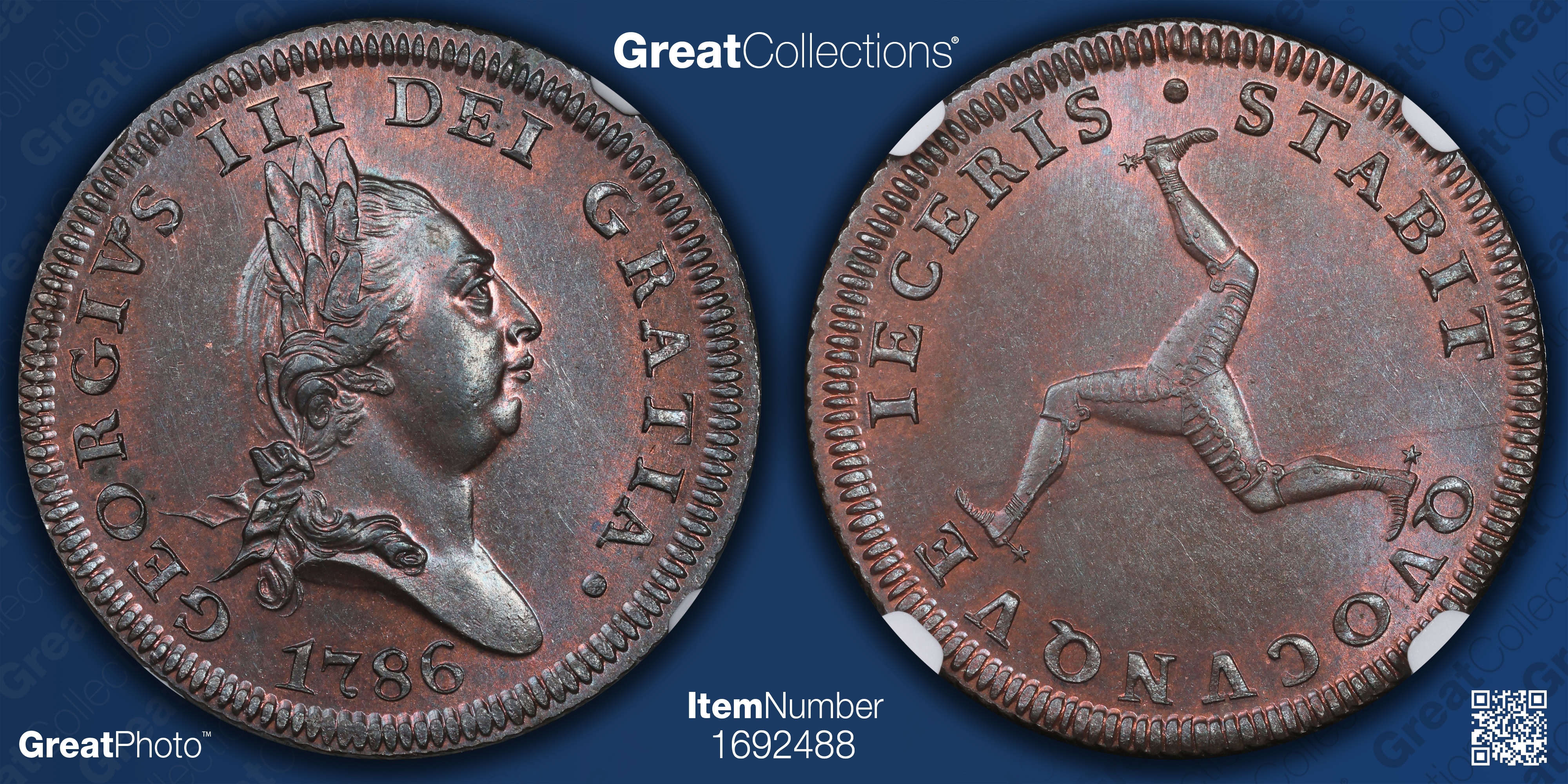 Isle of Man 1786 Penny Engrailed Edge KM-9.1 NGC MS-65 BN (Item