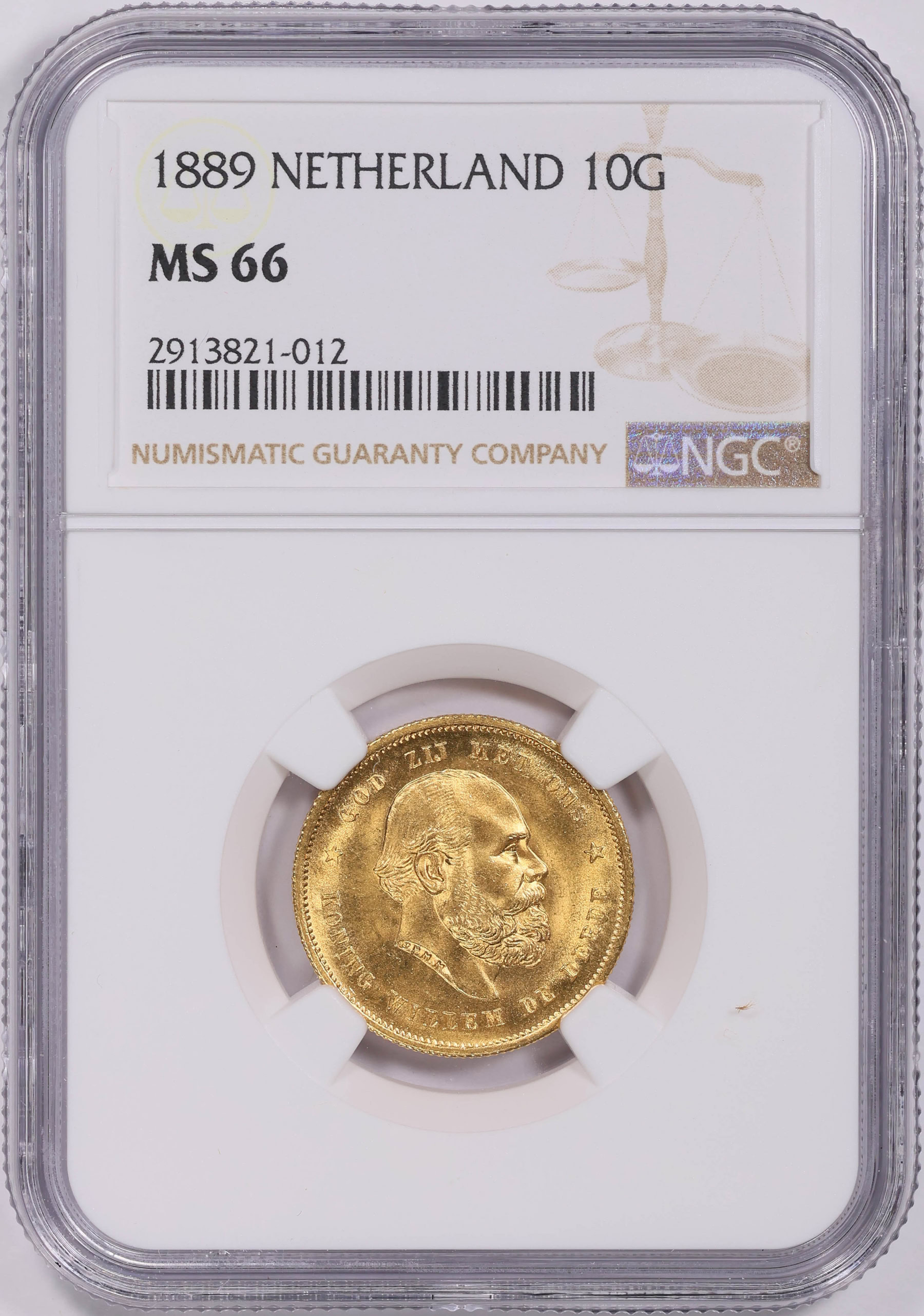 Netherlands 1889 Gold 10 Gulden KM-106 NGC MS-66 (AGW = 0.1947 oz