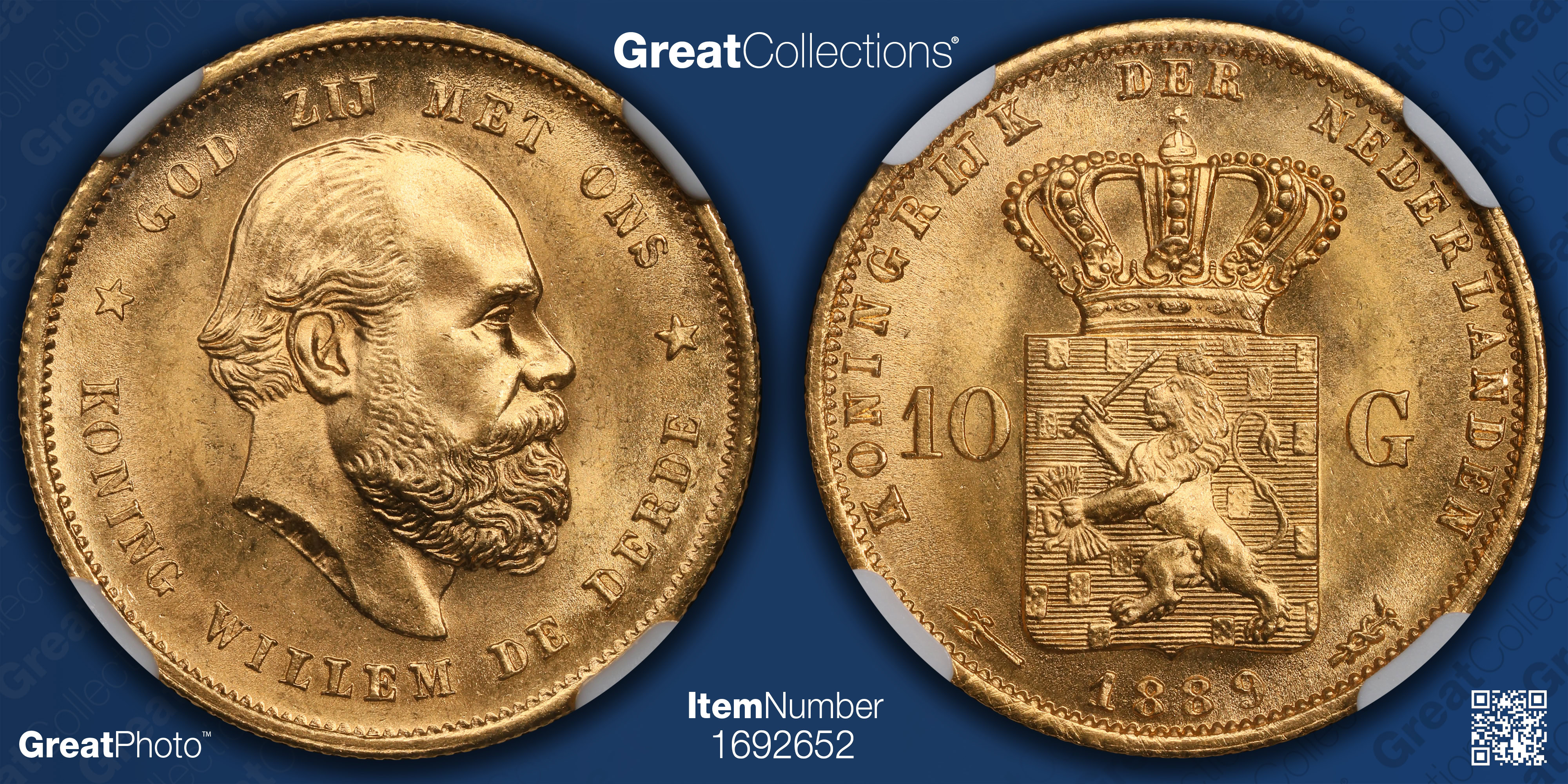 Netherlands 1889 Gold 10 Gulden KM-106 NGC MS-66 (AGW = 0.1947 oz