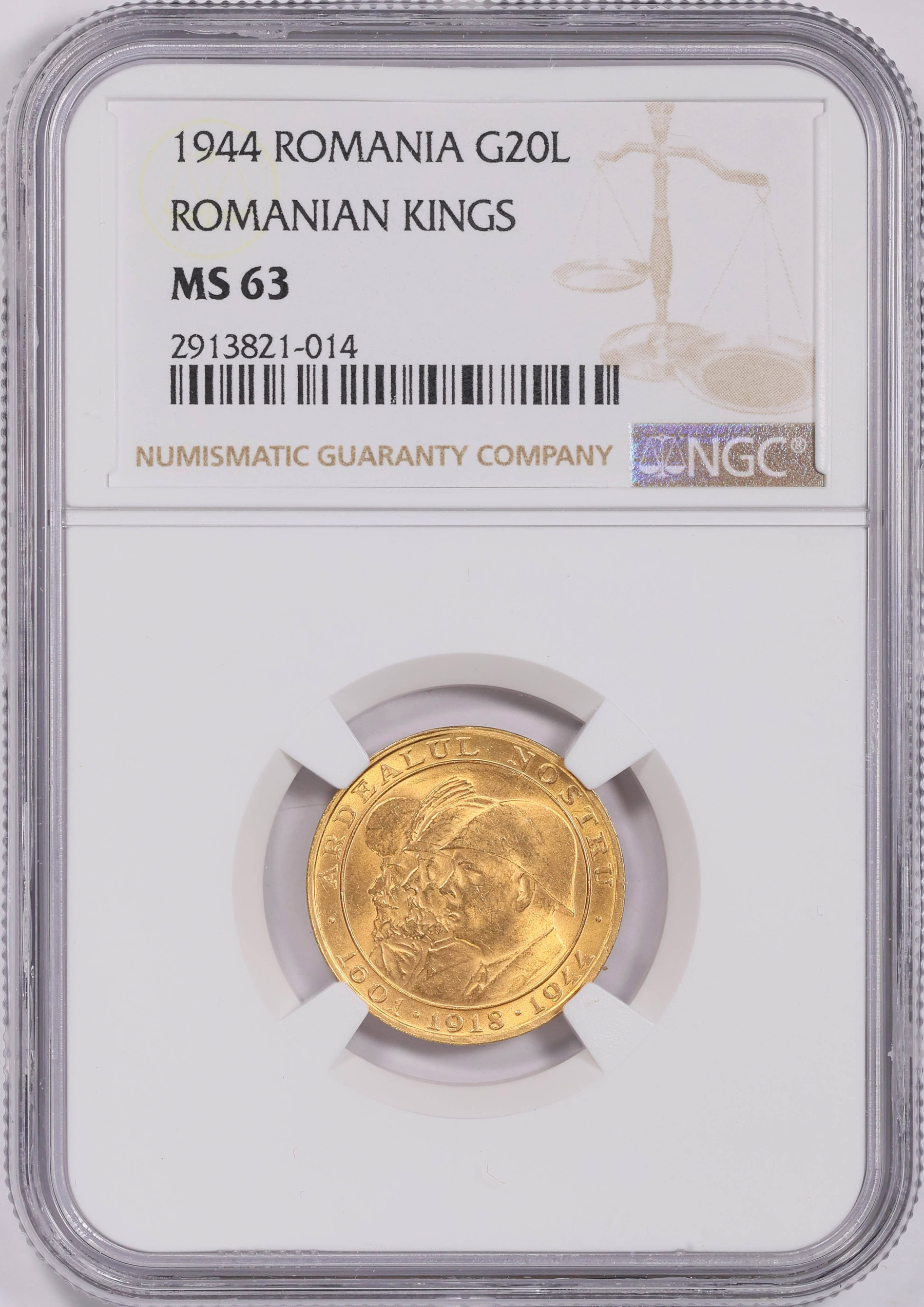 Romania 1944 Gold Medallic 20 Lei Romanian Kings KM-XM13 NGC MS-63