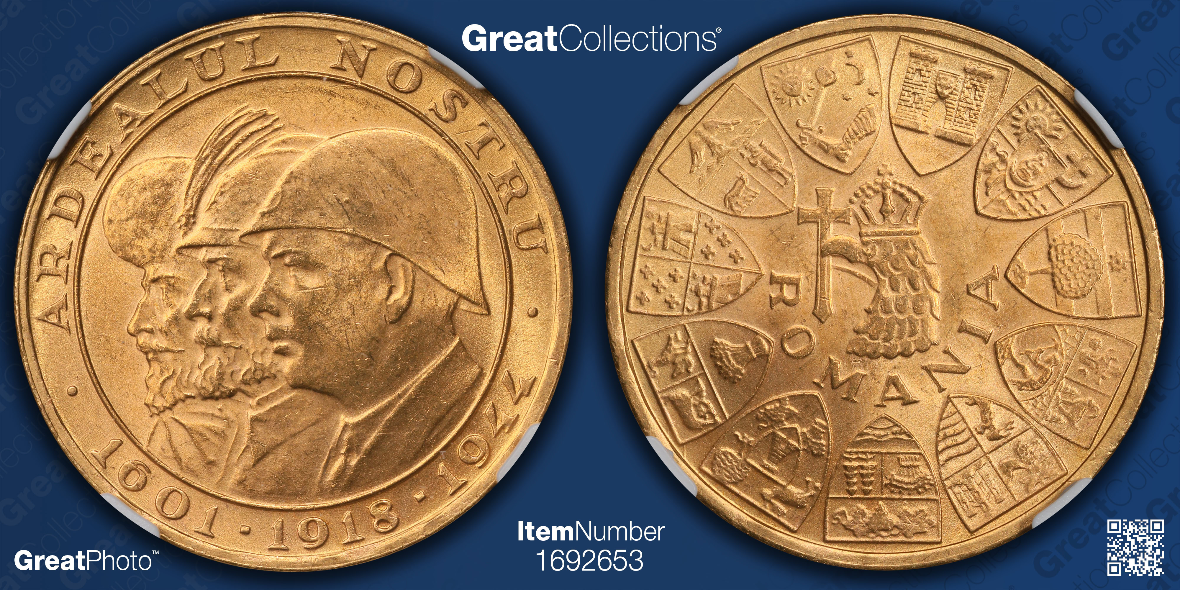 Romania 1944 Gold Medallic 20 Lei Romanian Kings KM-XM13 NGC MS-63