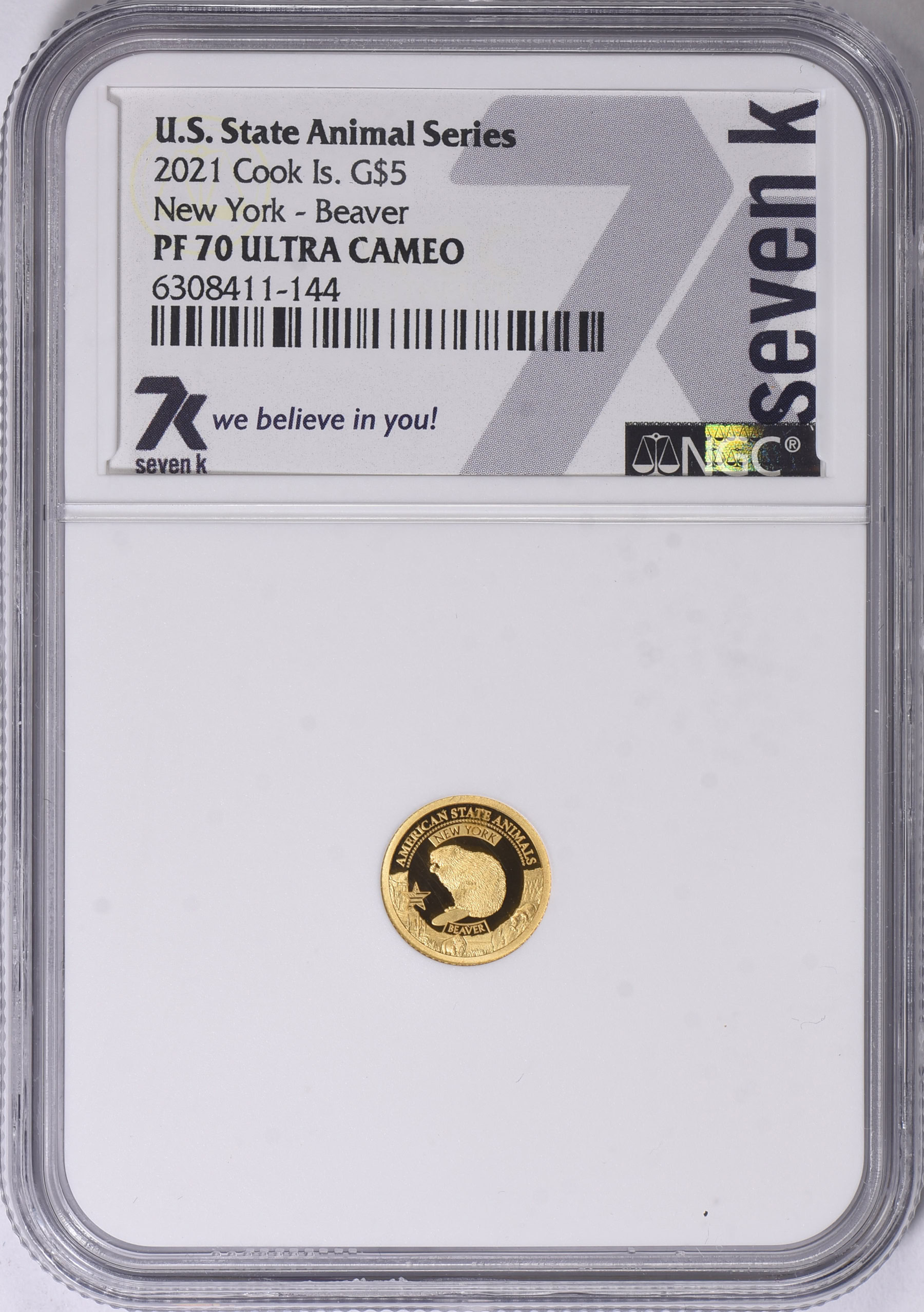 Cook Islands 2021 Gold $5 US State Animal Series New York Beaver