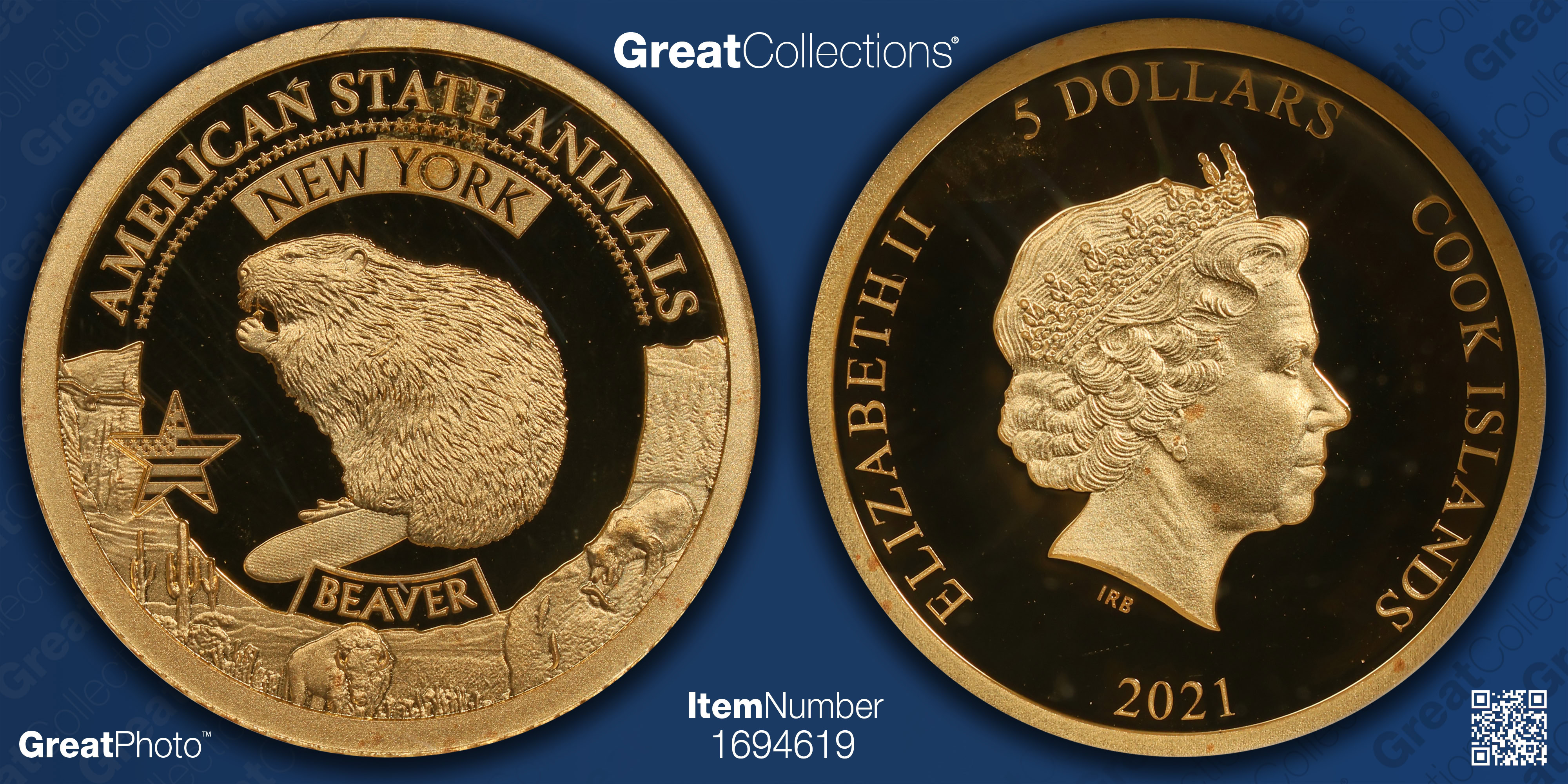 Cook Islands 2021 Gold $5 US State Animal Series New York Beaver