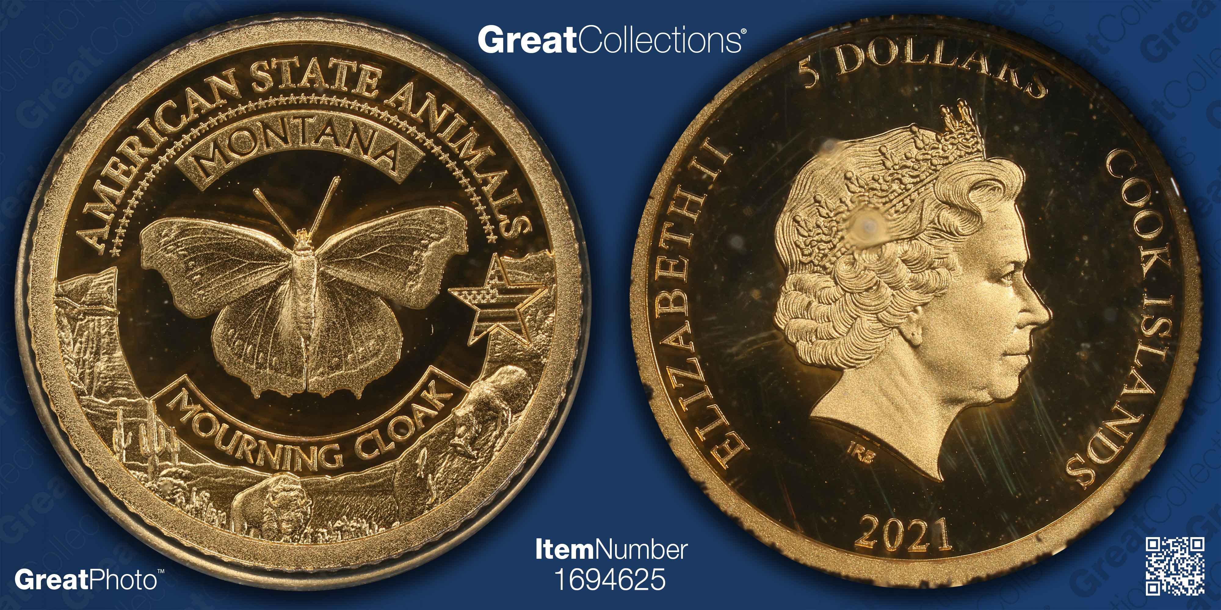 Cook Islands 2021 Gold $5 US State Animal Series Montana Mourning