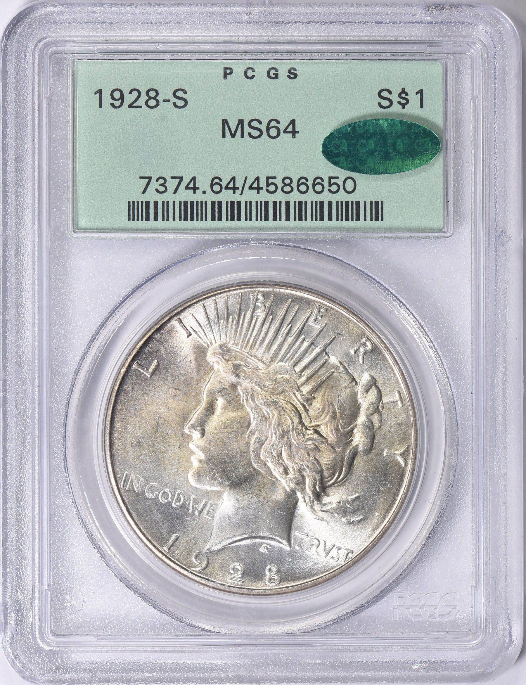 1928-S Peace Silver Dollar PCGS MS-64 (CAC Green) OGH (Item 1695952 ...