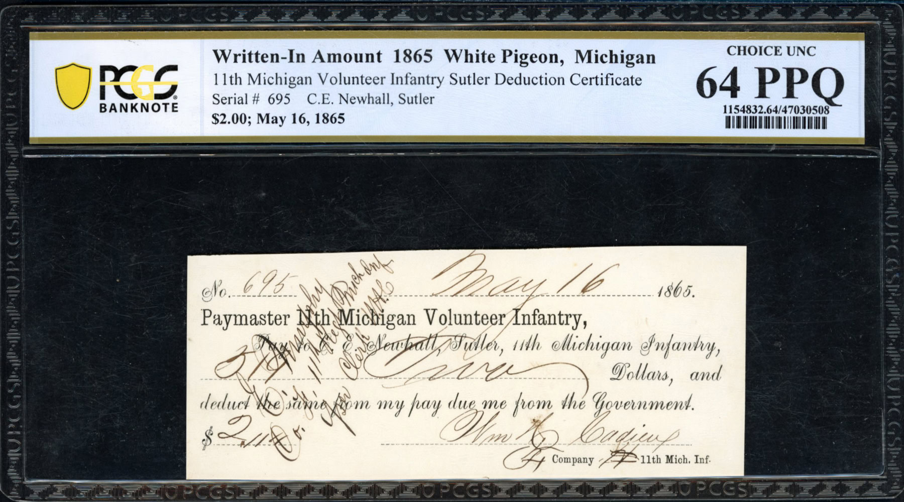 May 16, 1865 White Pigeon, Michigan 11th Michigan Volunteer Infantry $2 ...
