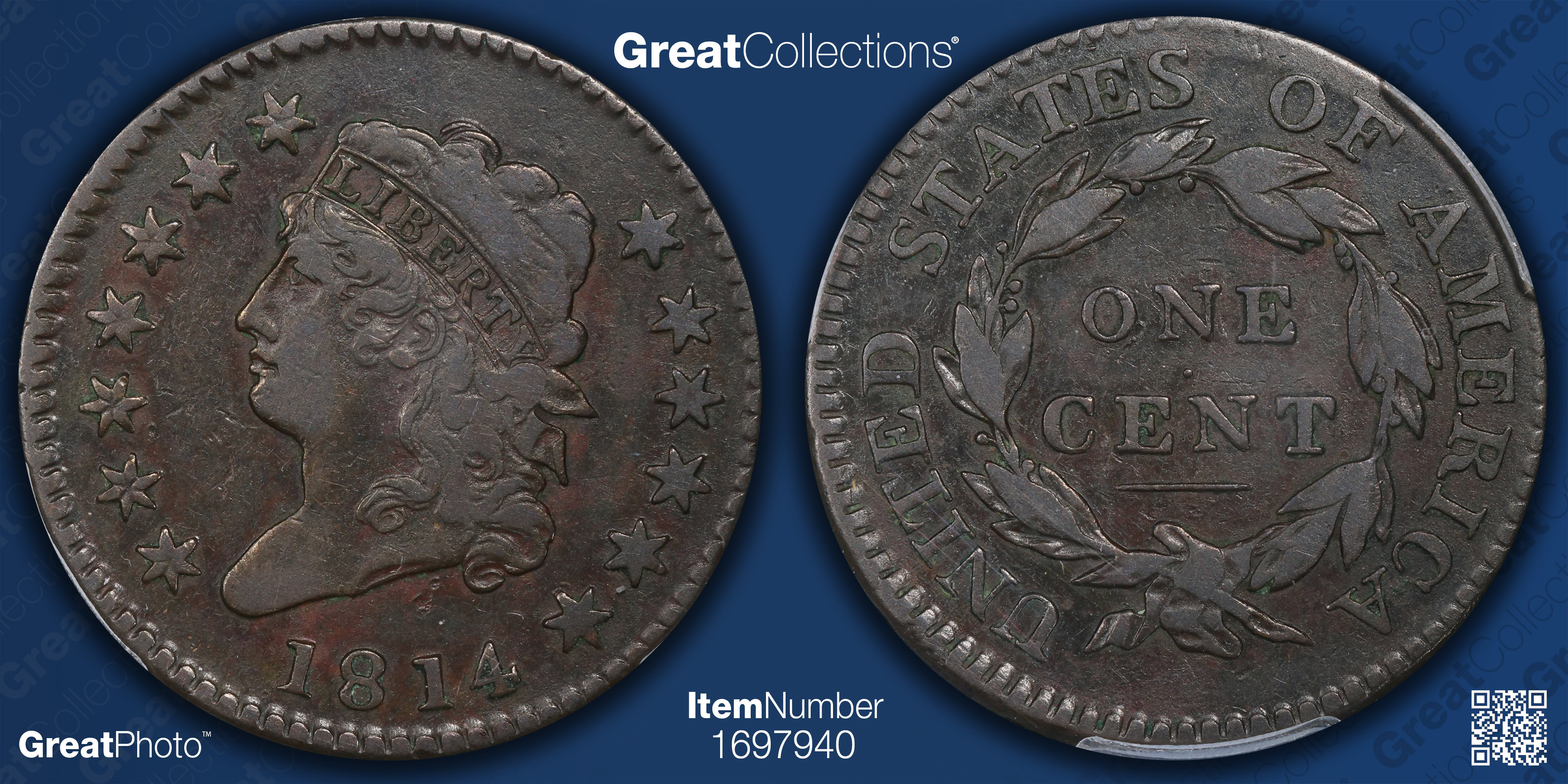 1814 Classic Cent Crosslet 4 PCGS VF-30 BN (OGH 35th Anniversary Label ...