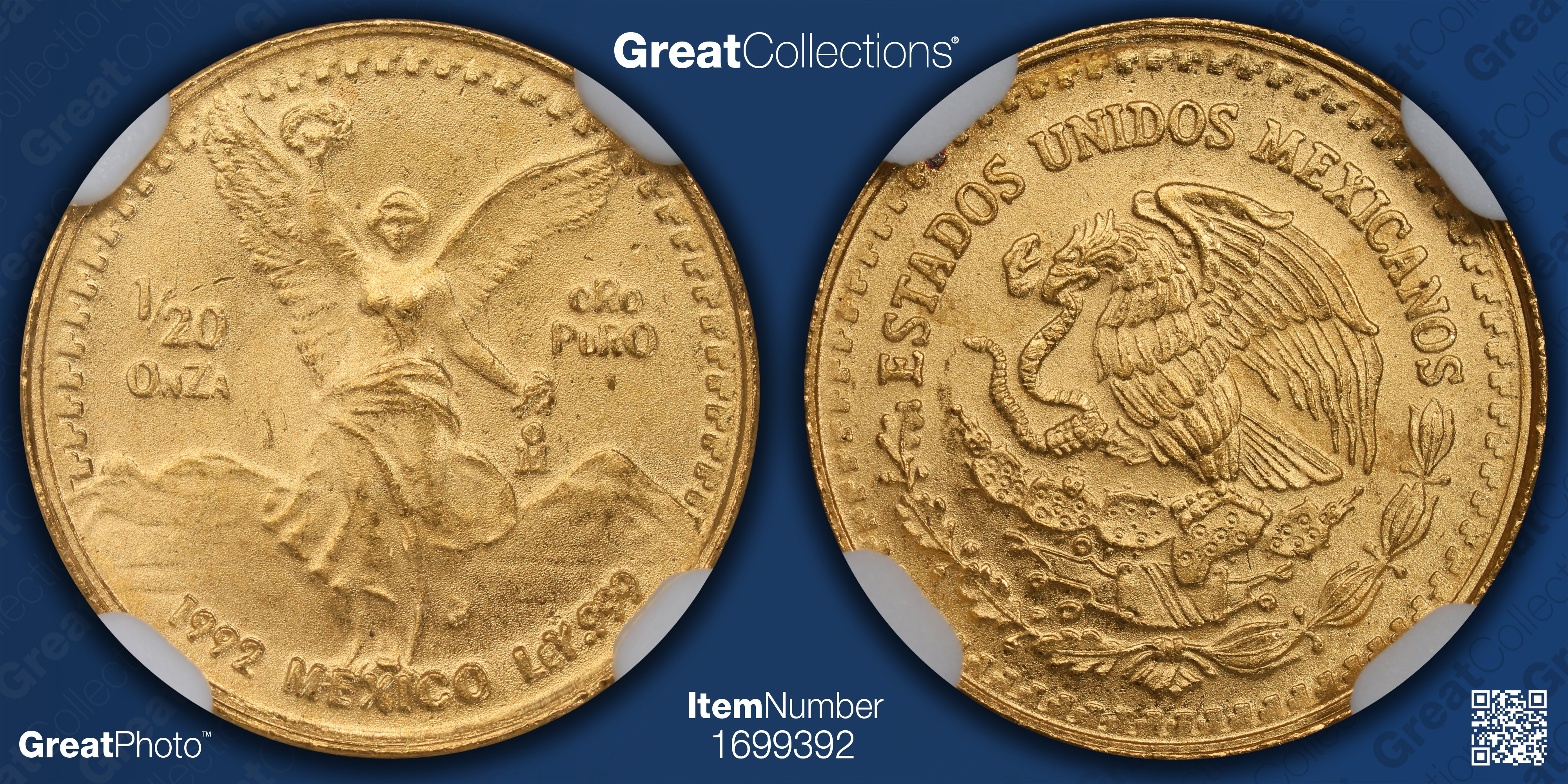 Mexico 1992-Mo Gold 1/20 Onza Libertad KM-589 NGC MS-68 (AGW