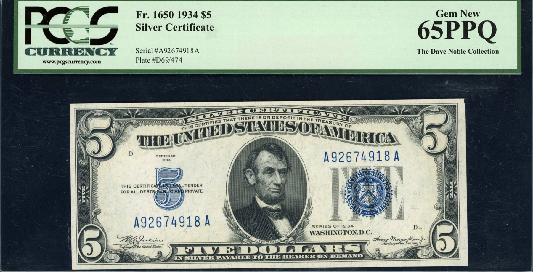 Fr. 1650 (AA Block) 1934 $5 Silver Certificate Note Julian / Morgenthau ...
