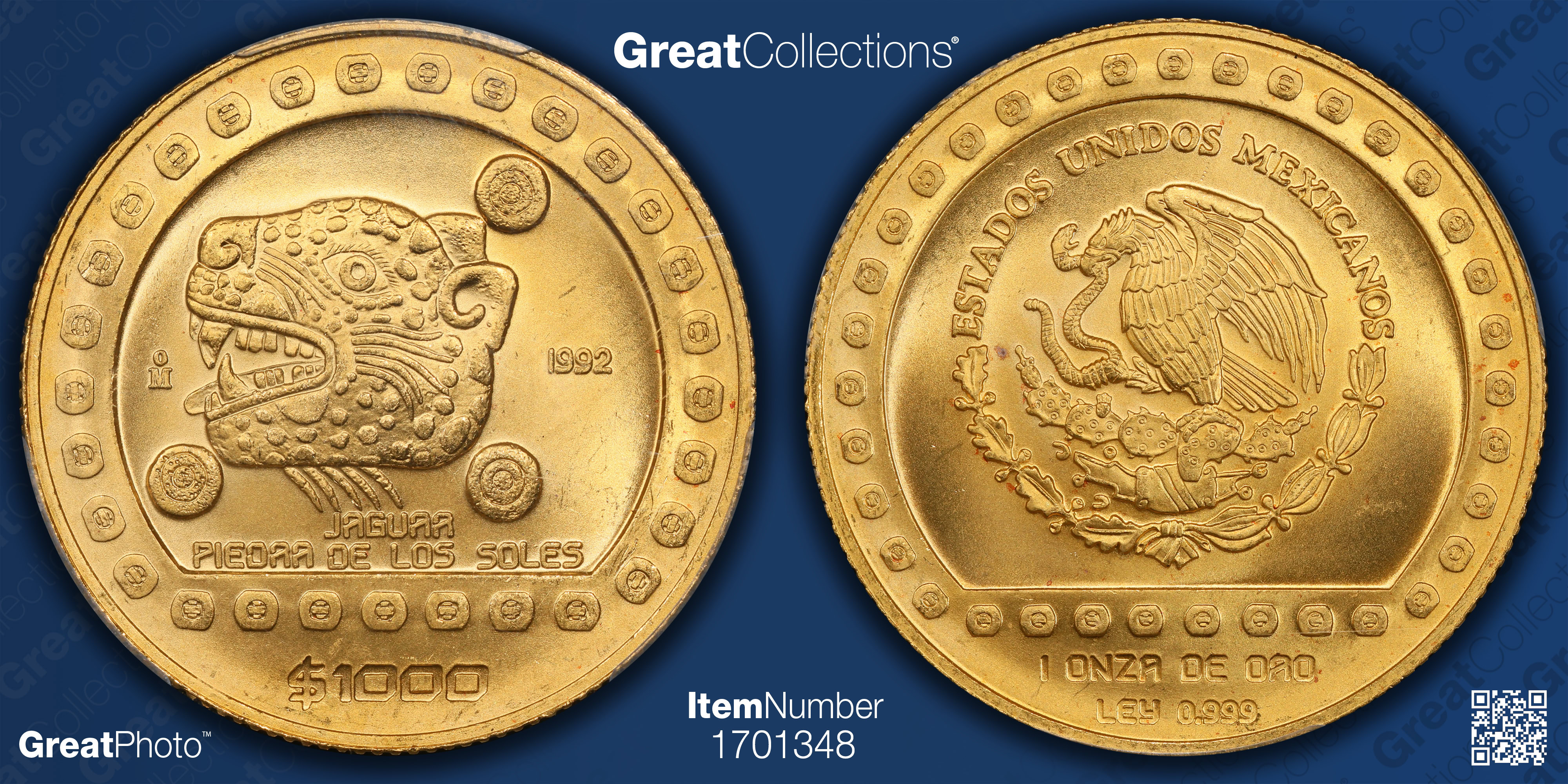 Mexico 1992-Mo Gold 1,000 Pesos Aztec Series, Jaguar Stone KM-560 PCGS  MS-66 (AGW = 0.999 oz.) (Item 1701348) | GreatCollections Coin Auctions