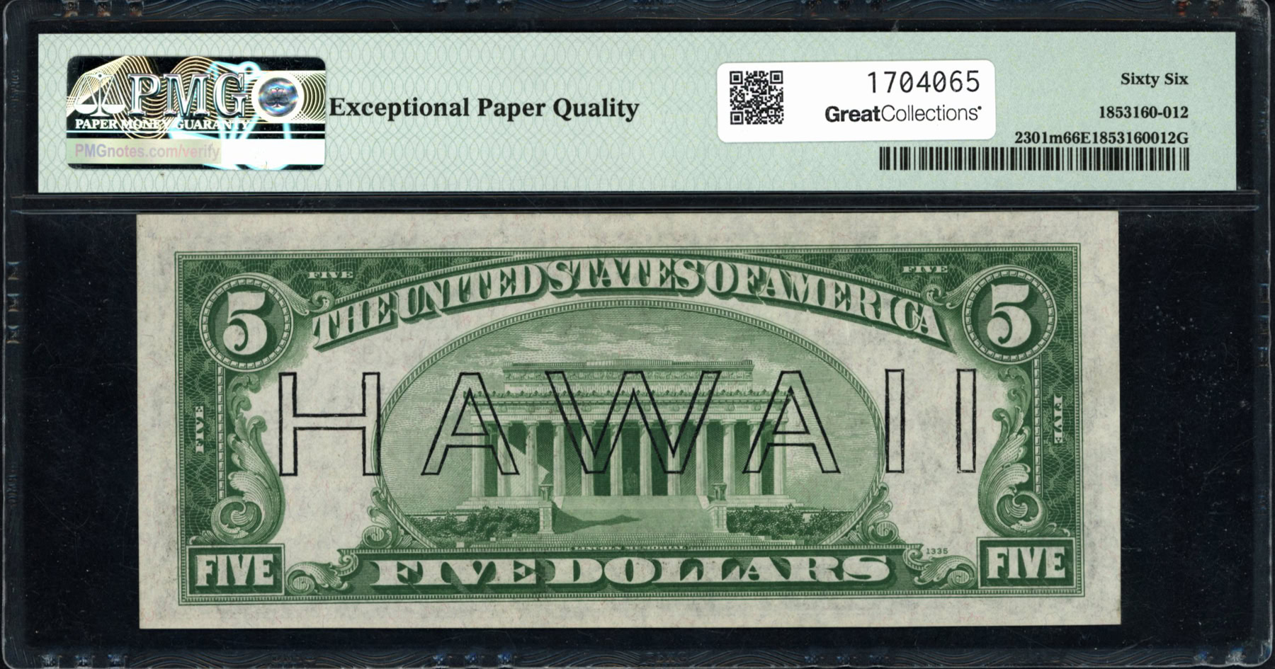 Mule Note Example Fr. 2301m (LA Block) 1934 $5 Hawaii WWII Emergency Issue Mule Note ...