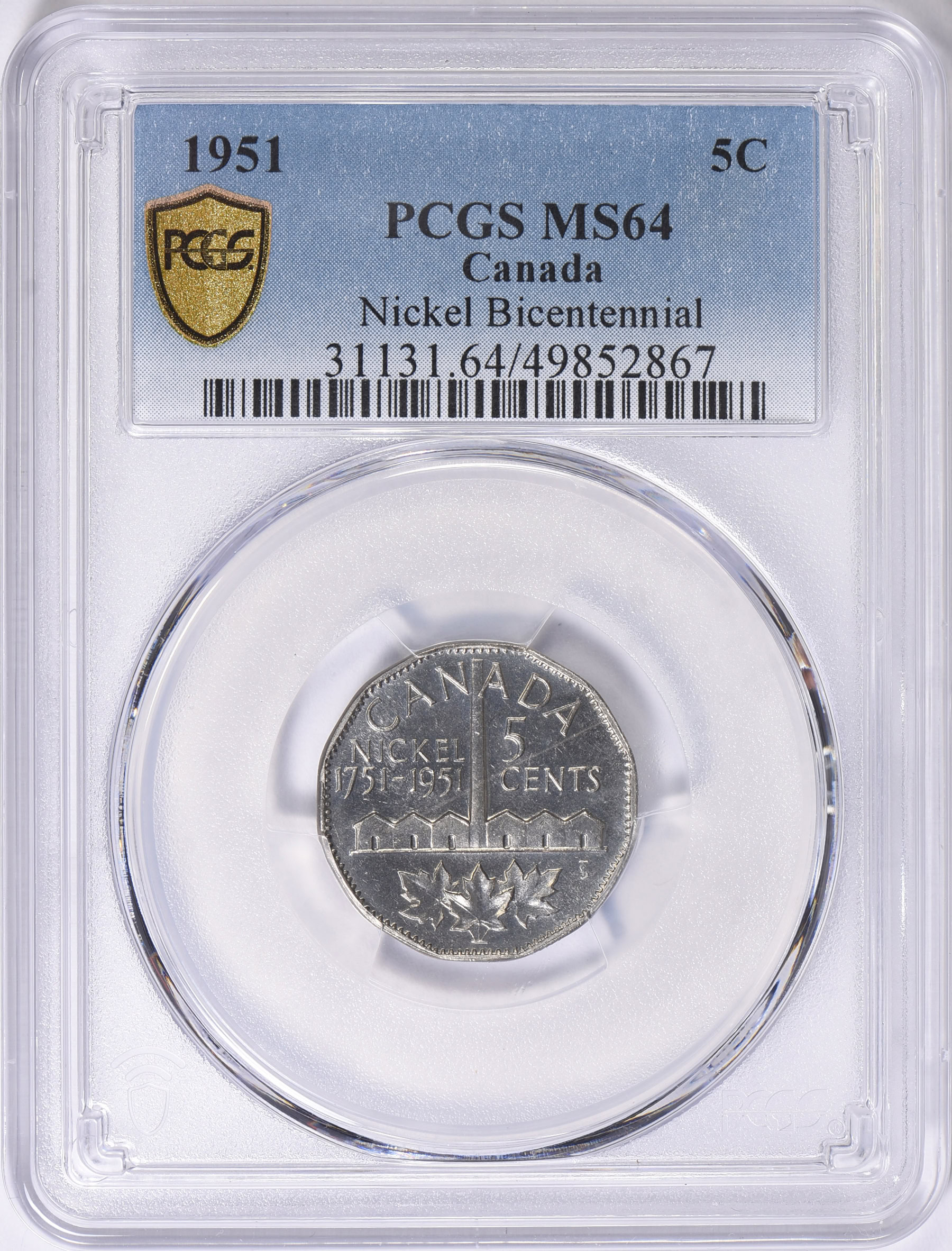 Canada 1951 5 Cents Discovery of Nickel Bicentennial KM-48 PCGS MS