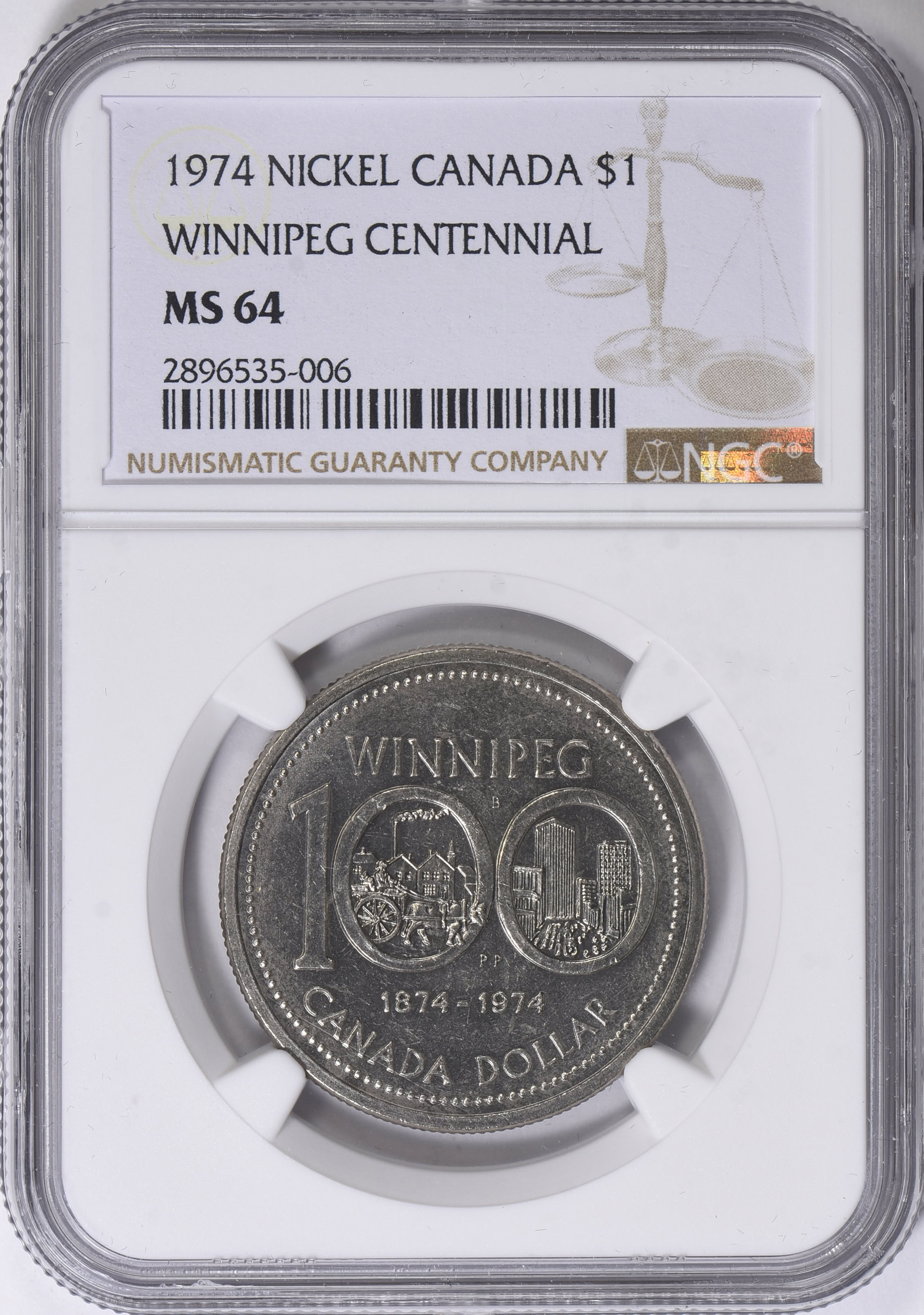 Canada 1974 Dollar Winnipeg Centennial Double Yoke KM-88 NGC MS-64