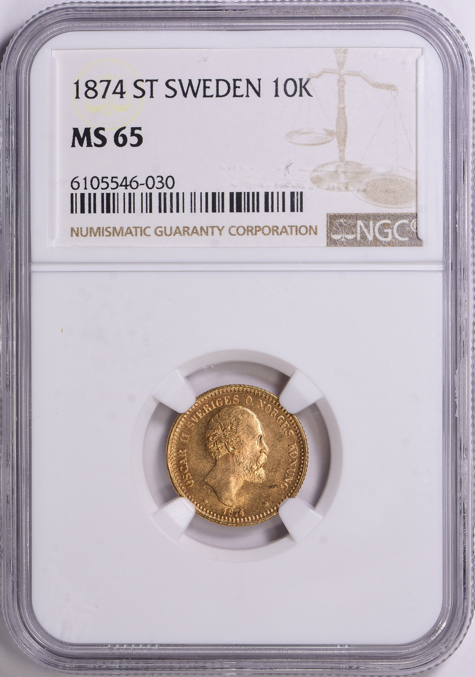 Sweden 1874-ST Gold 10 Kronor KM-732 NGC MS-65 (AGW = 0.1296 oz