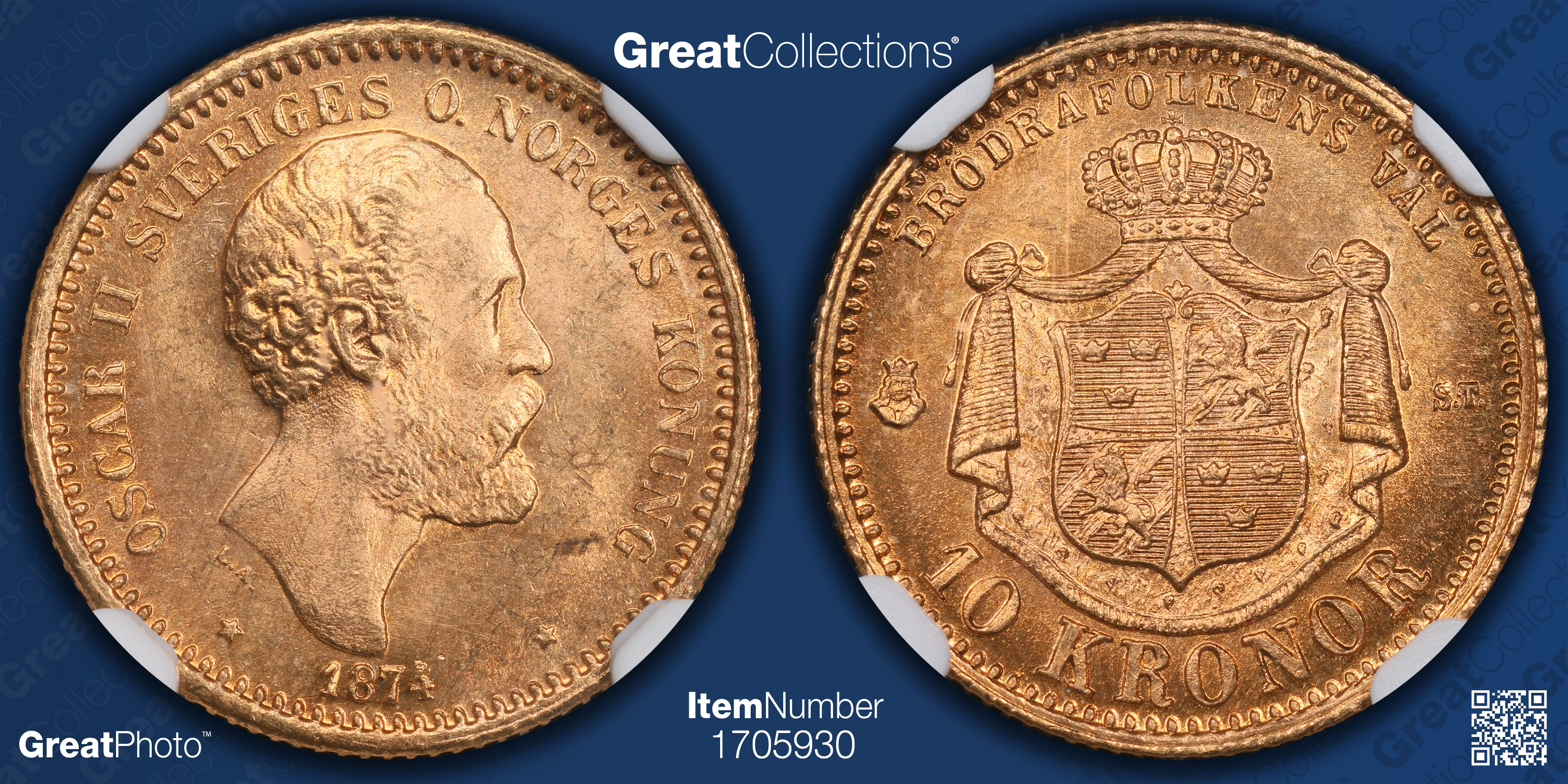 Sweden 1874-ST Gold 10 Kronor KM-732 NGC MS-65 (AGW = 0.1296 oz