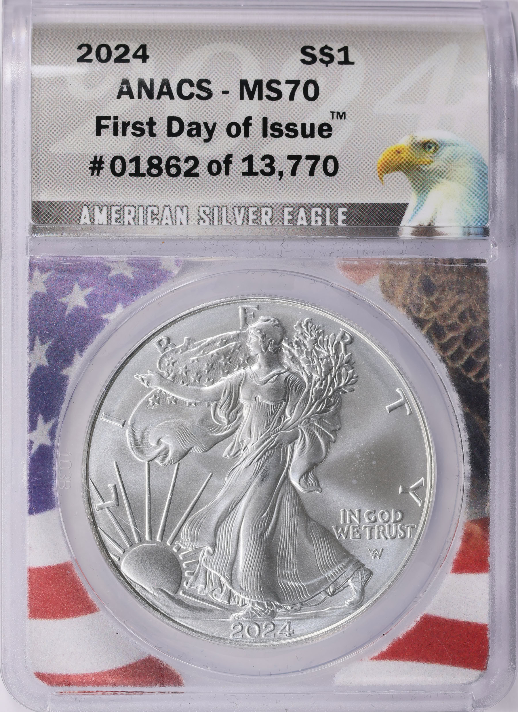 2024 $1 Silver Eagle First Day of Issue ANACS MS-70 (Flag Frame Holder