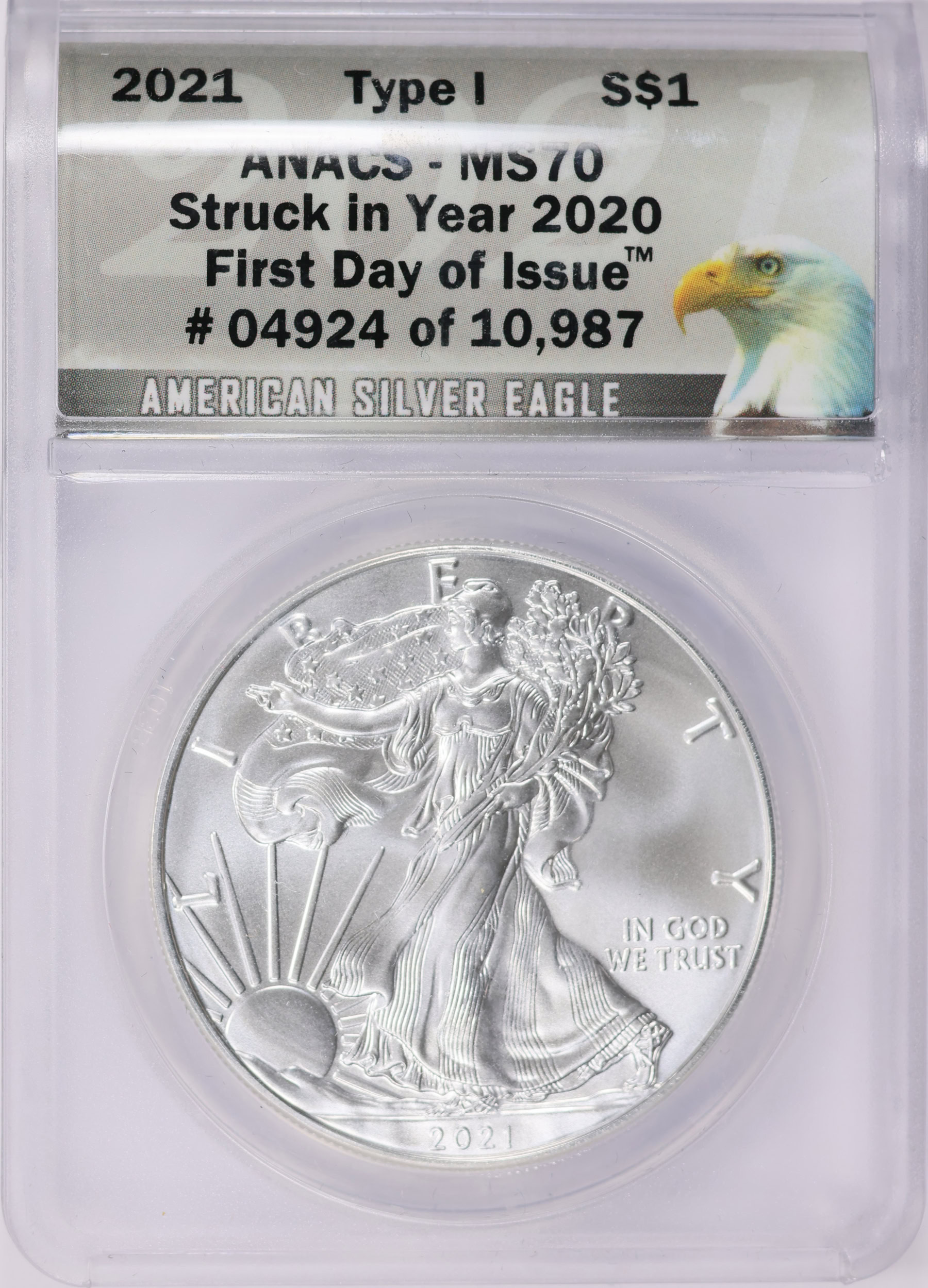 2021 $1 Silver Eagle Type 1 First Day of Issue Struck in Year 2020