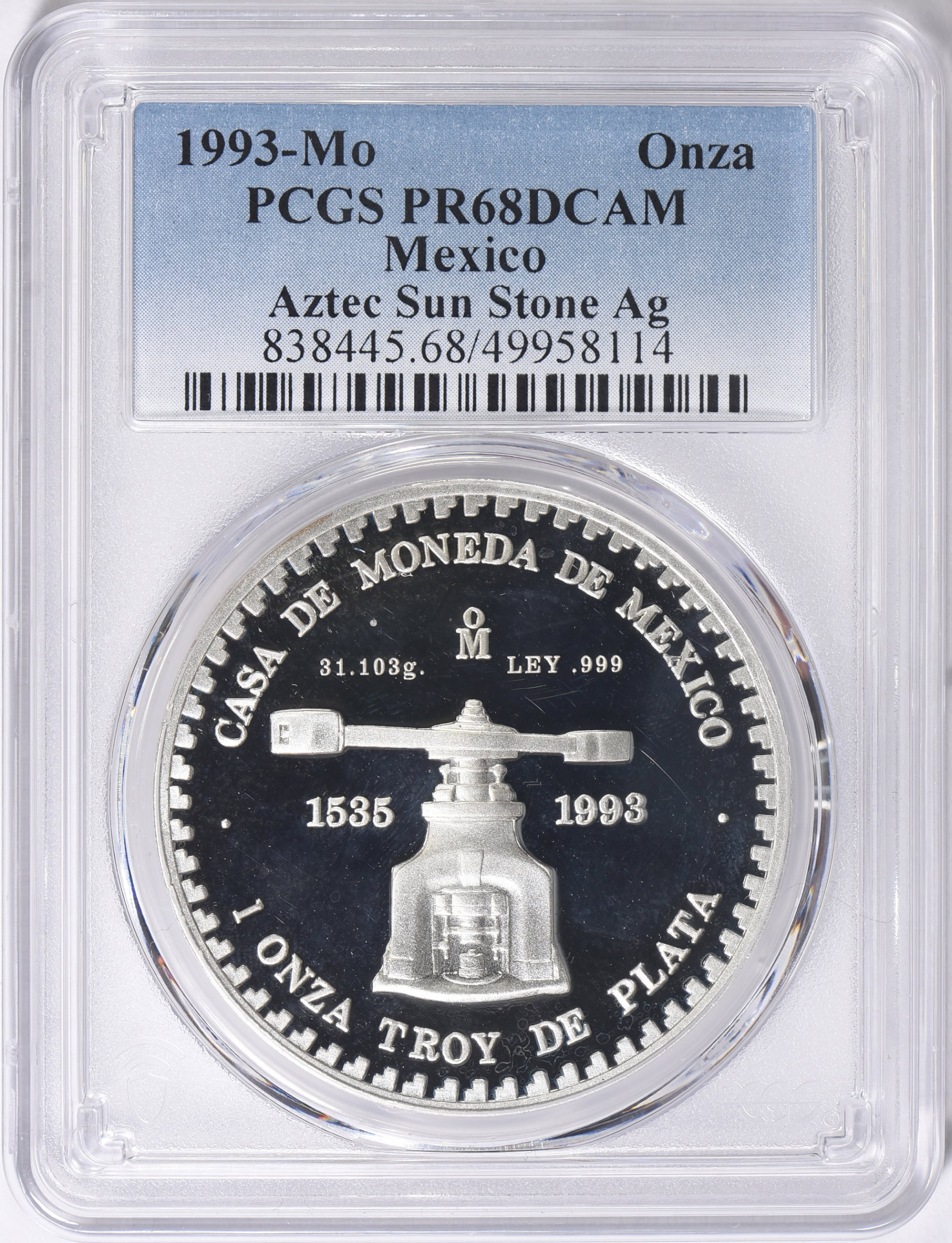 Mexico 1993-Mo Silver Onza Aztec Sun Stone PCGS Proof-68 DCAM (Item ...