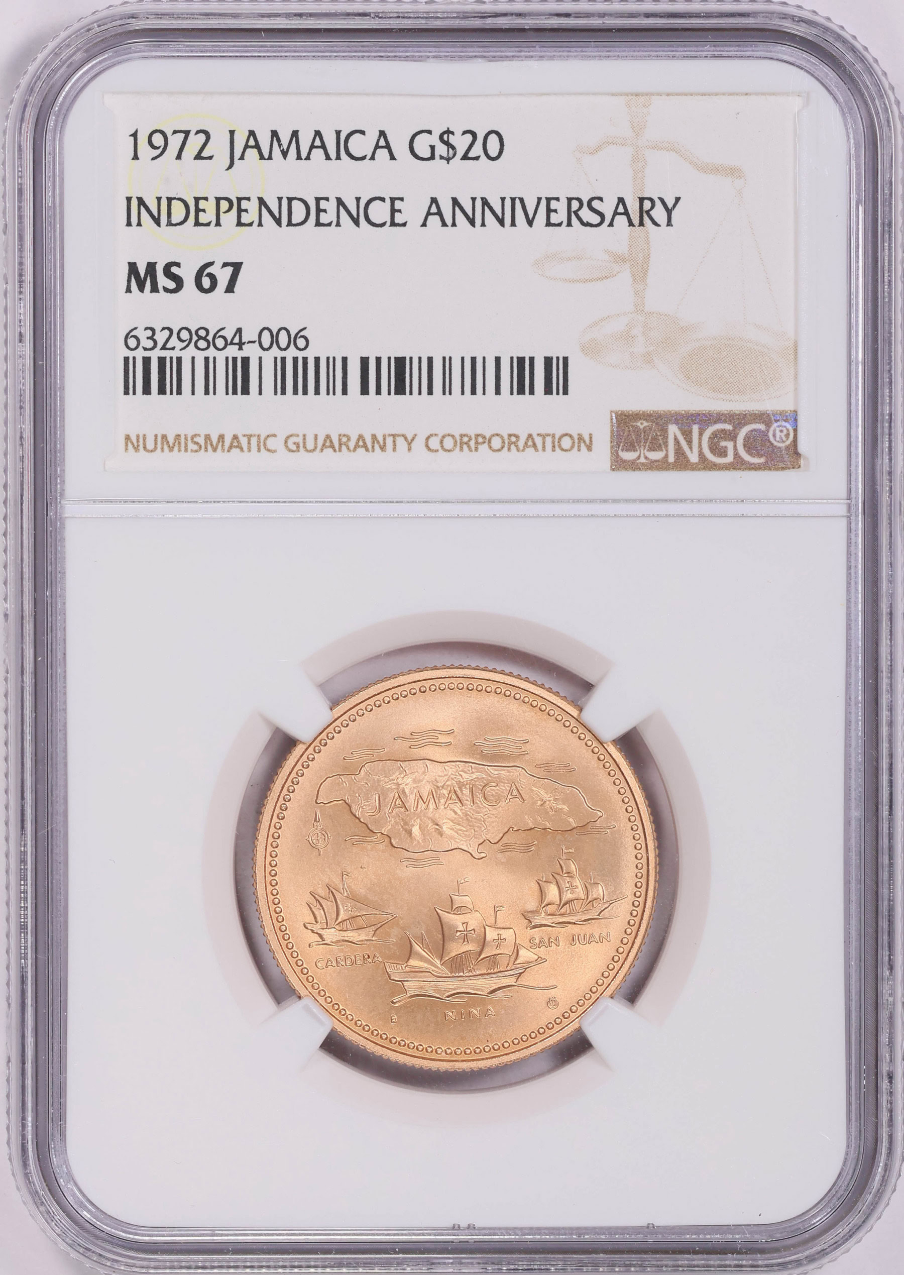 Jamaica 1972 Gold $20 10th Anniversary of Independence KM-61 NGC