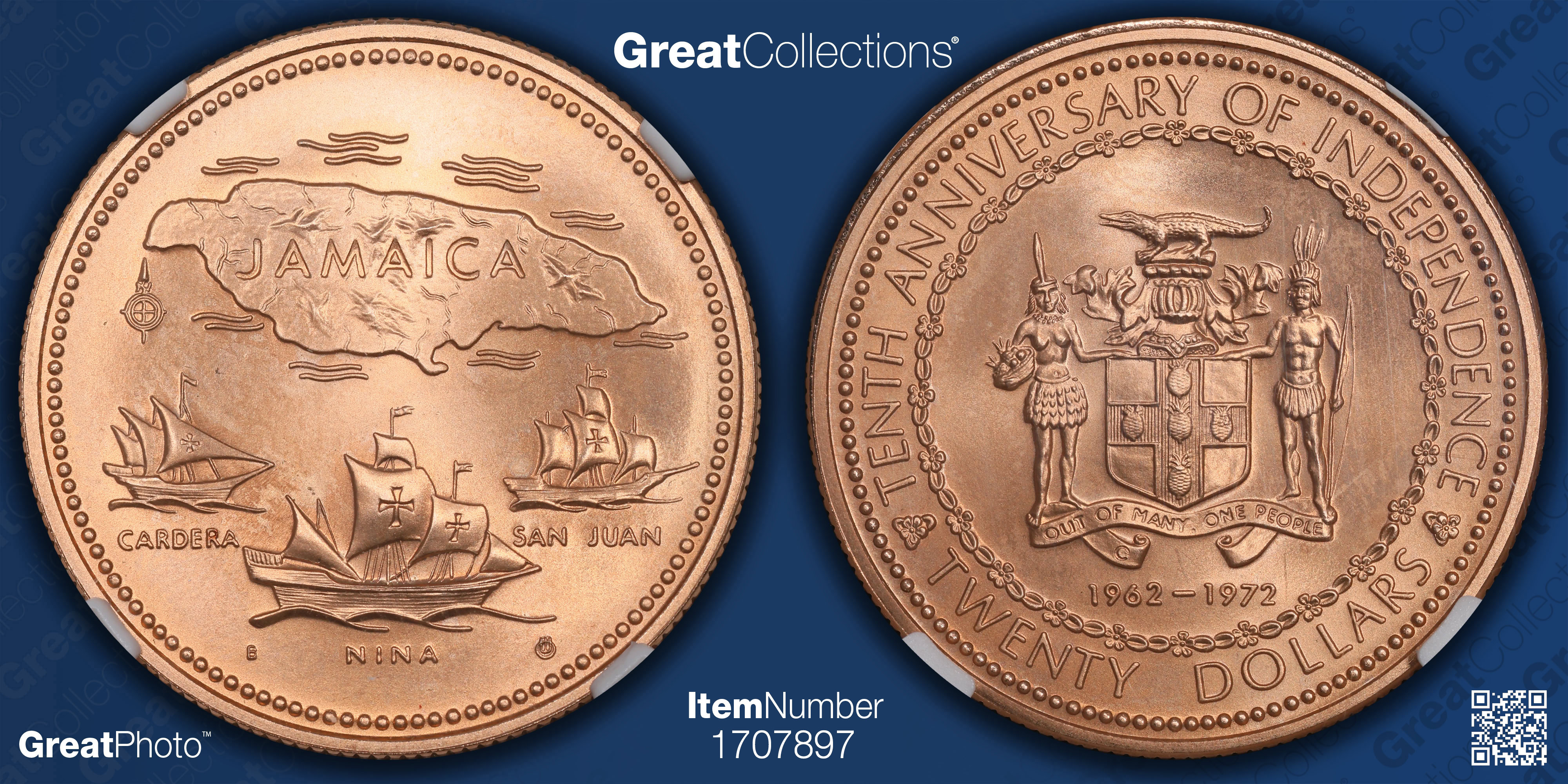 Jamaica 1972 Gold $20 10th Anniversary of Independence KM-61 NGC