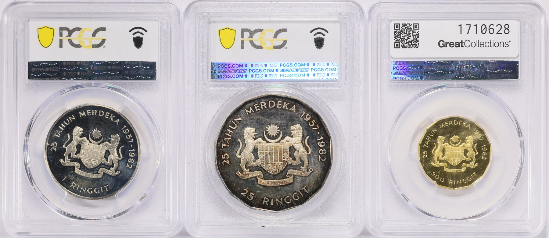 Malaysia 1982 1, 25 and Gold 500 Ringgit Independence 25th