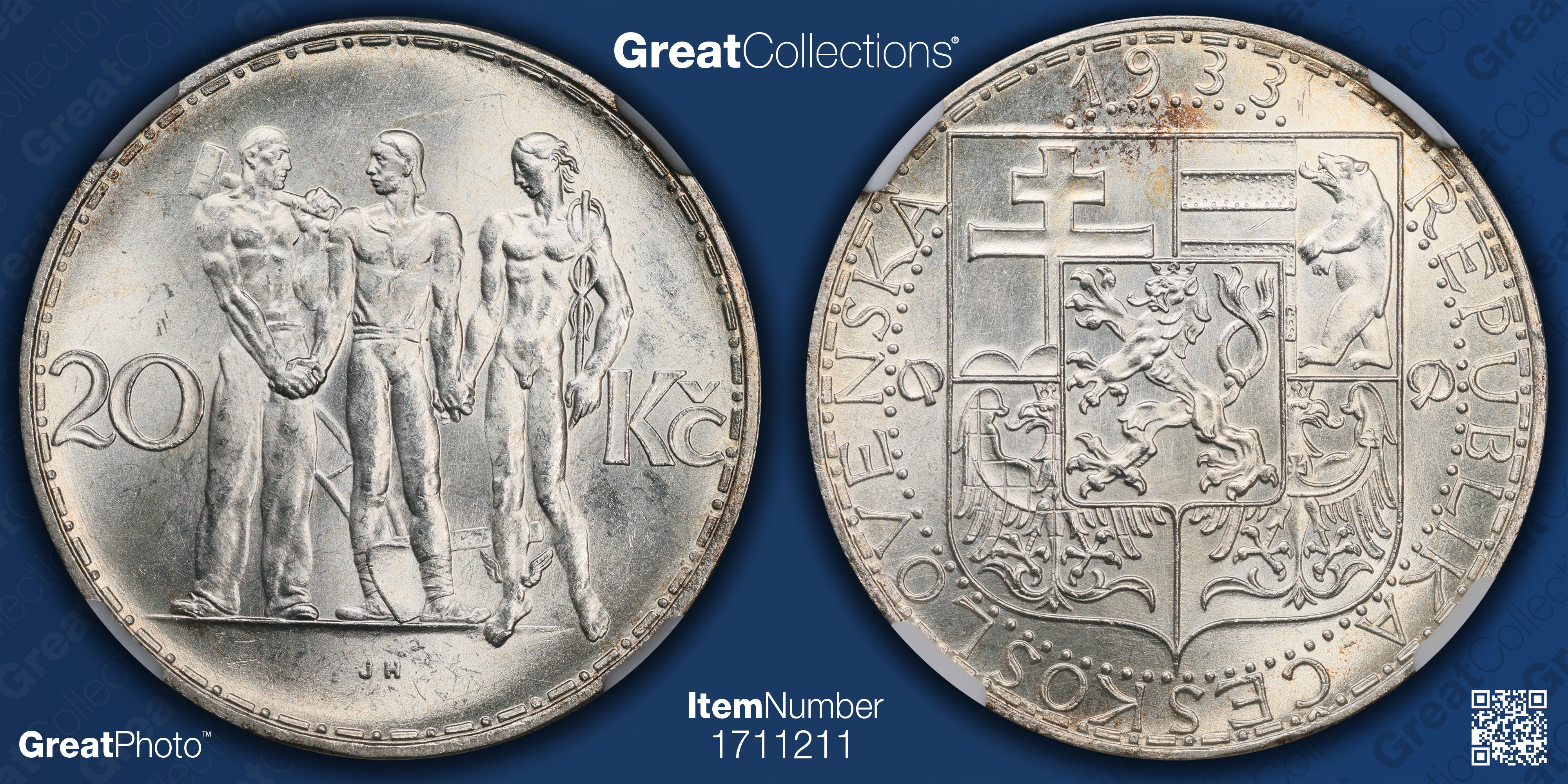 Czechoslovakia 1933 Silver 20 Korun KM-17 NGC MS-63 (Item 1711211