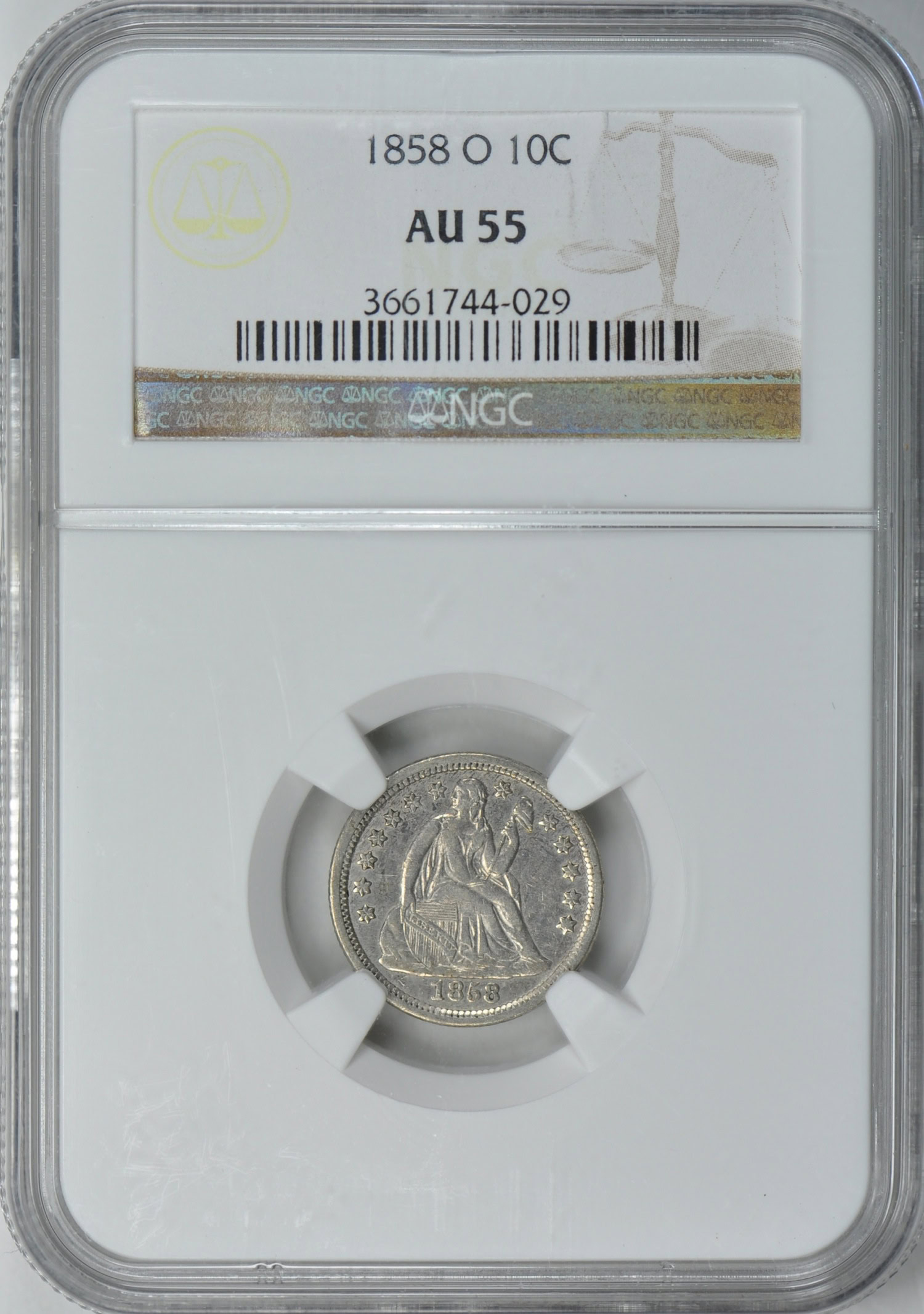 1858-O Seated Liberty Dime NGC AU-55 (Item 171258