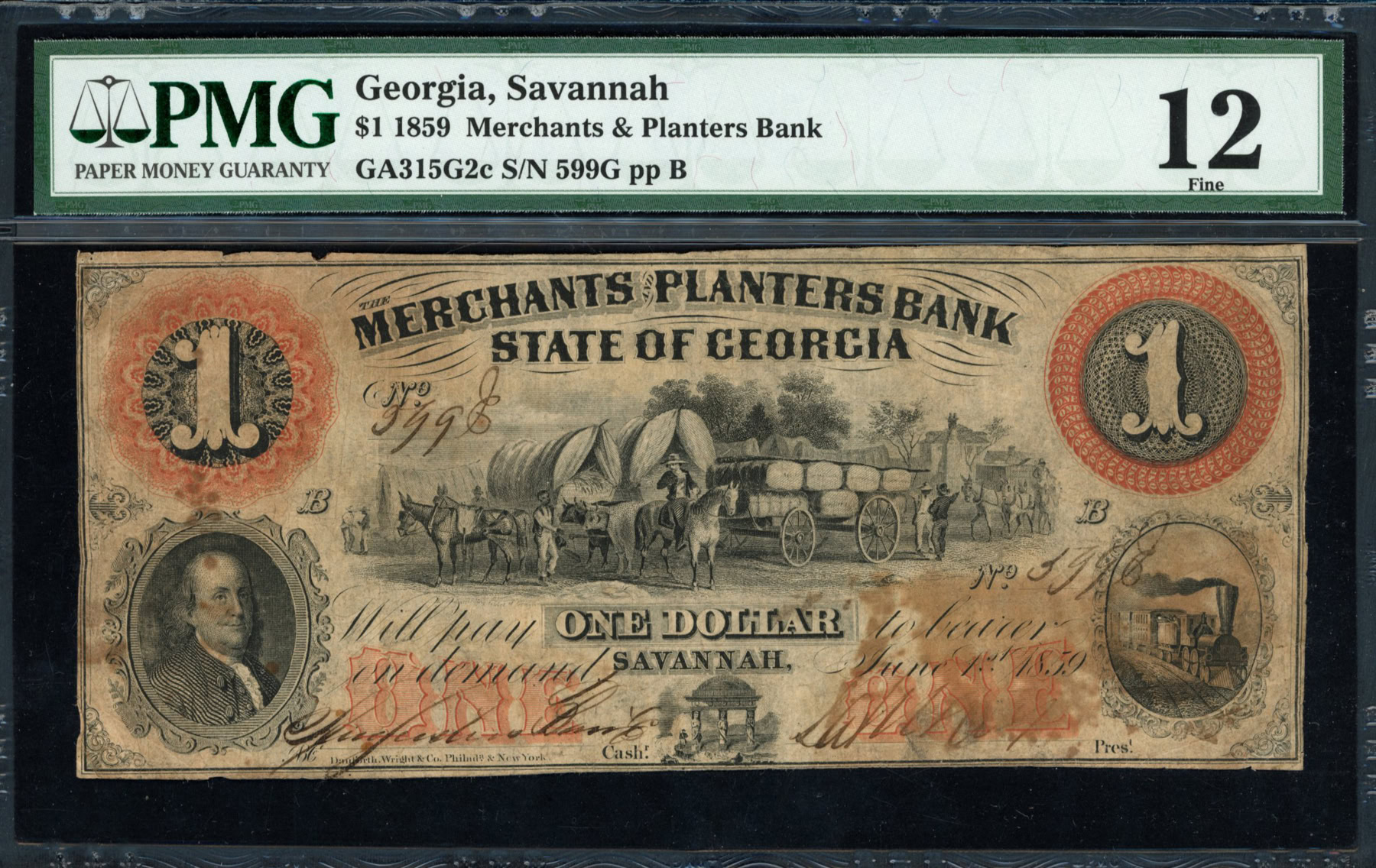 1859 Savannah, Georgia Merchants & Planters Bank $1 Note PMG Fine