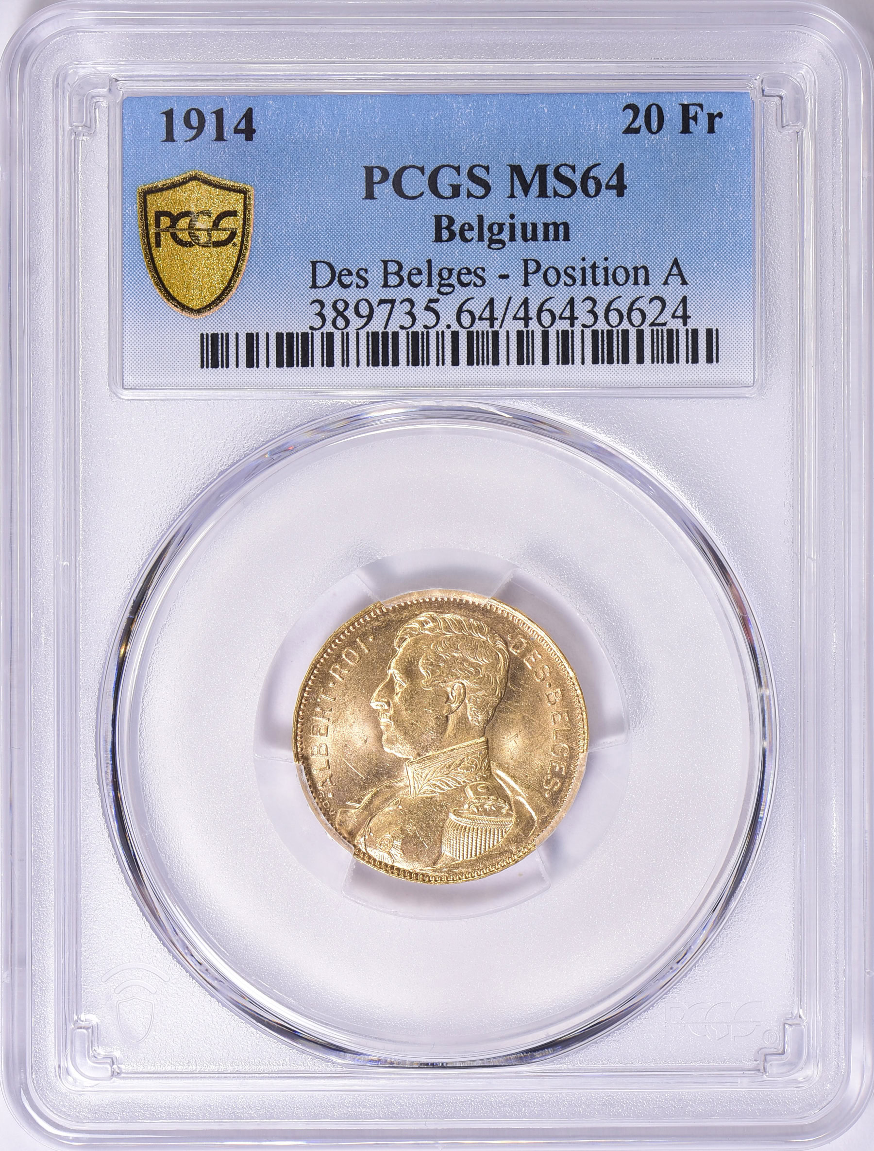 Belgium 1914 Gold 20 Francs DES BELGES Position A KM-78 PCGS MS-64 (AGW ...