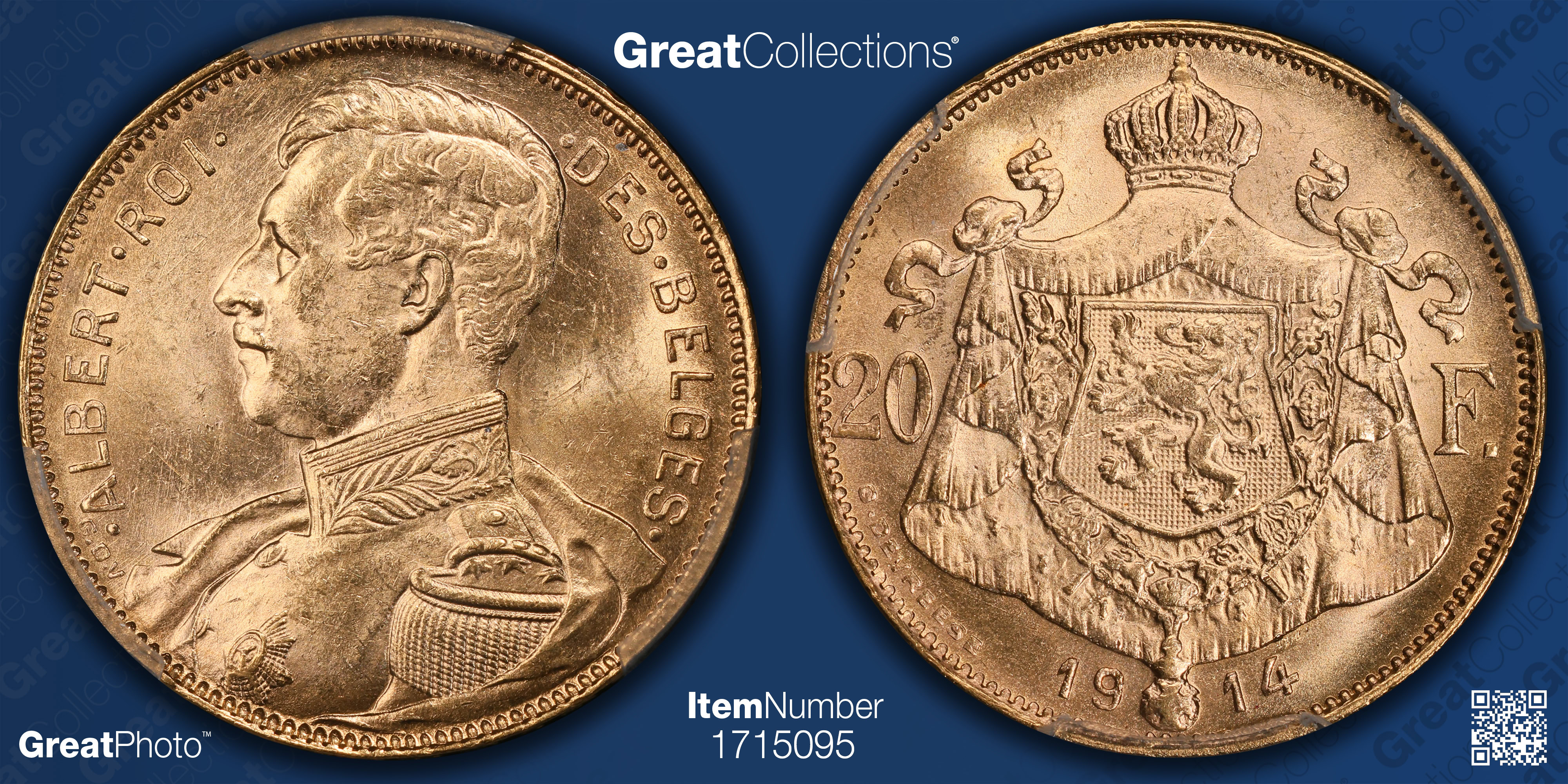 Belgium 1914 Gold 20 Francs DES BELGES Position A KM-78 PCGS MS-64 (AGW ...