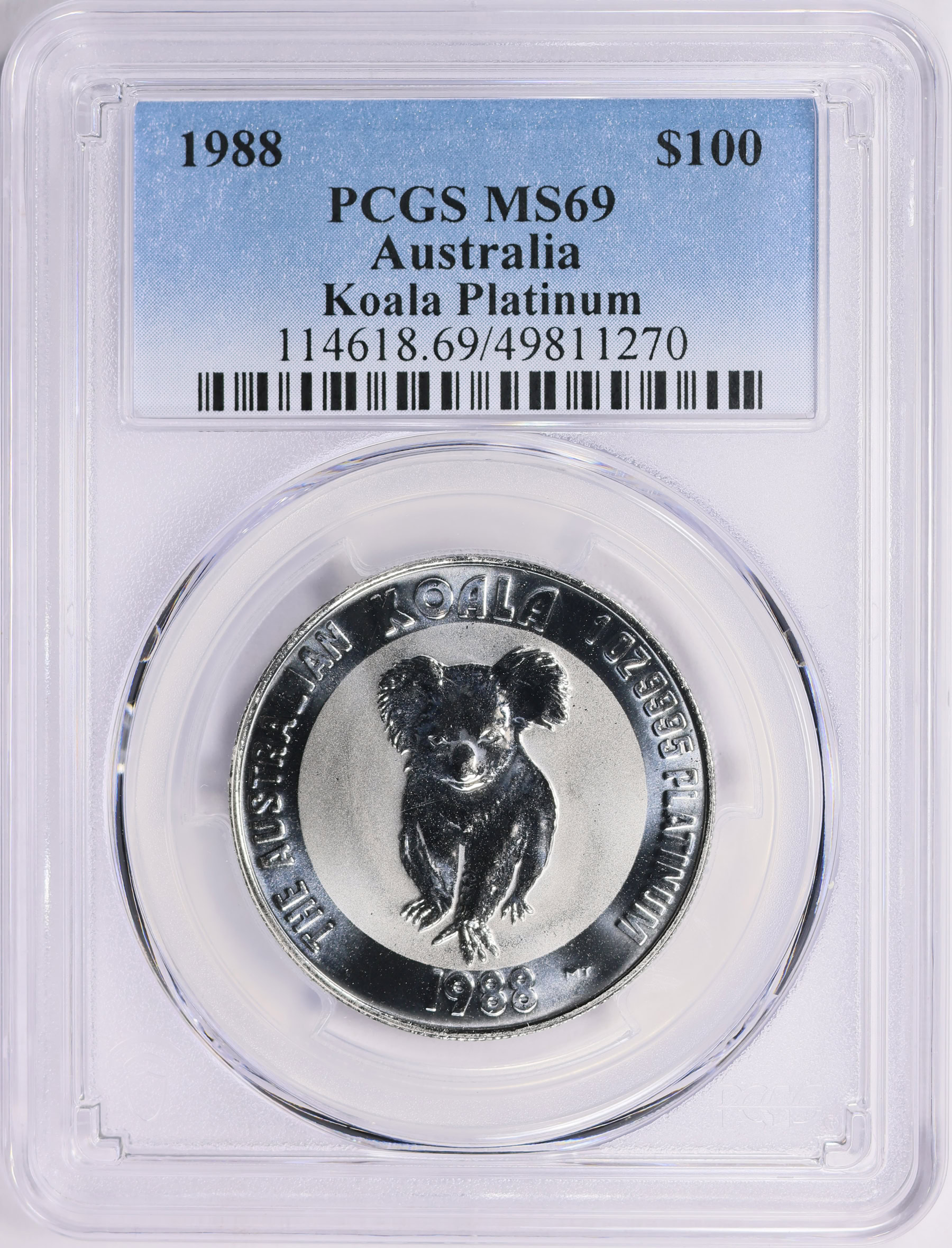 Australia 1988 Platinum $100 Koala KM-111 PCGS MS-69 (APtW = 1 Oz