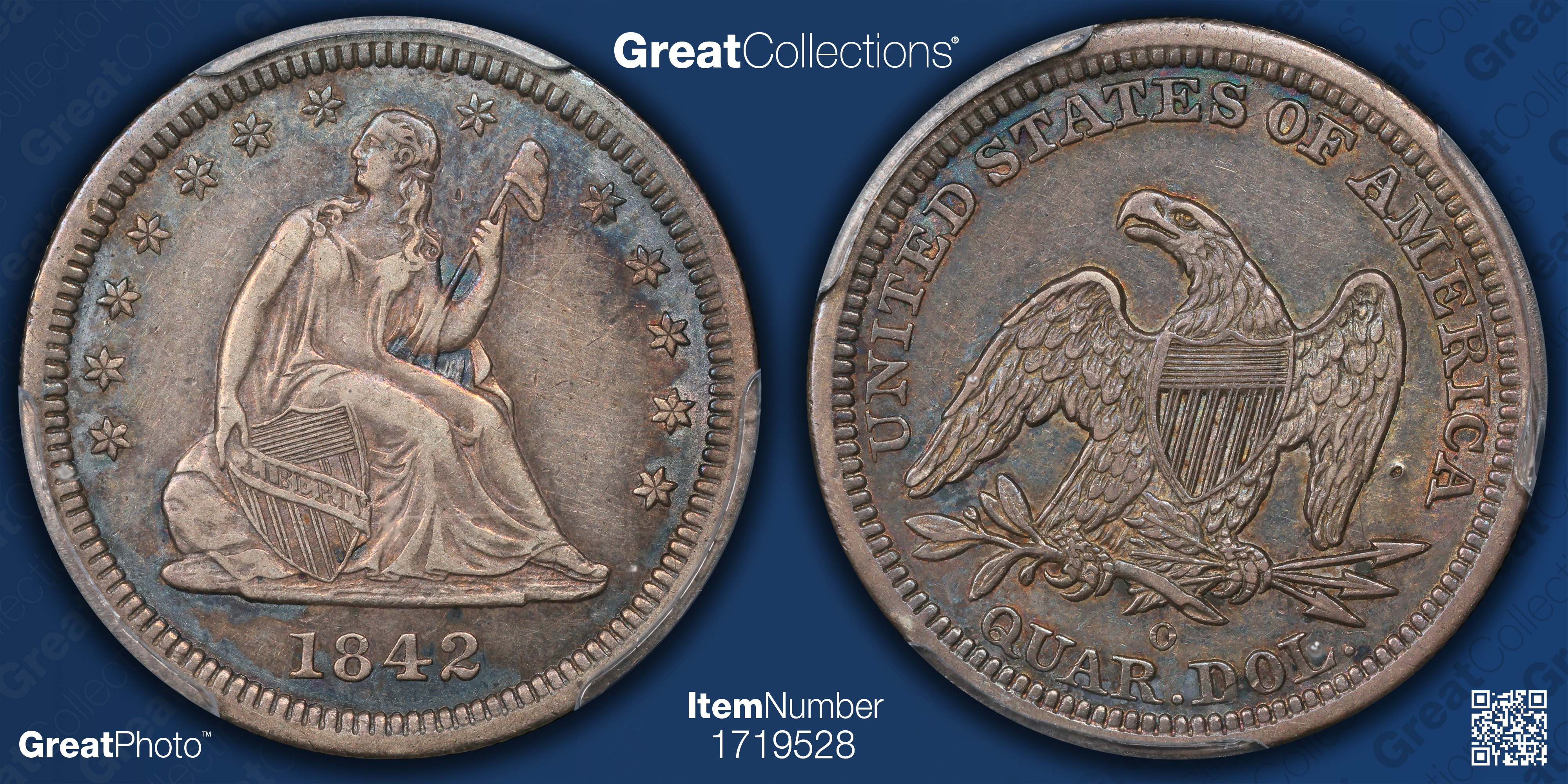 1842-O Seated Liberty Quarter Large Date PCGS XF-45 (Toned) (Item