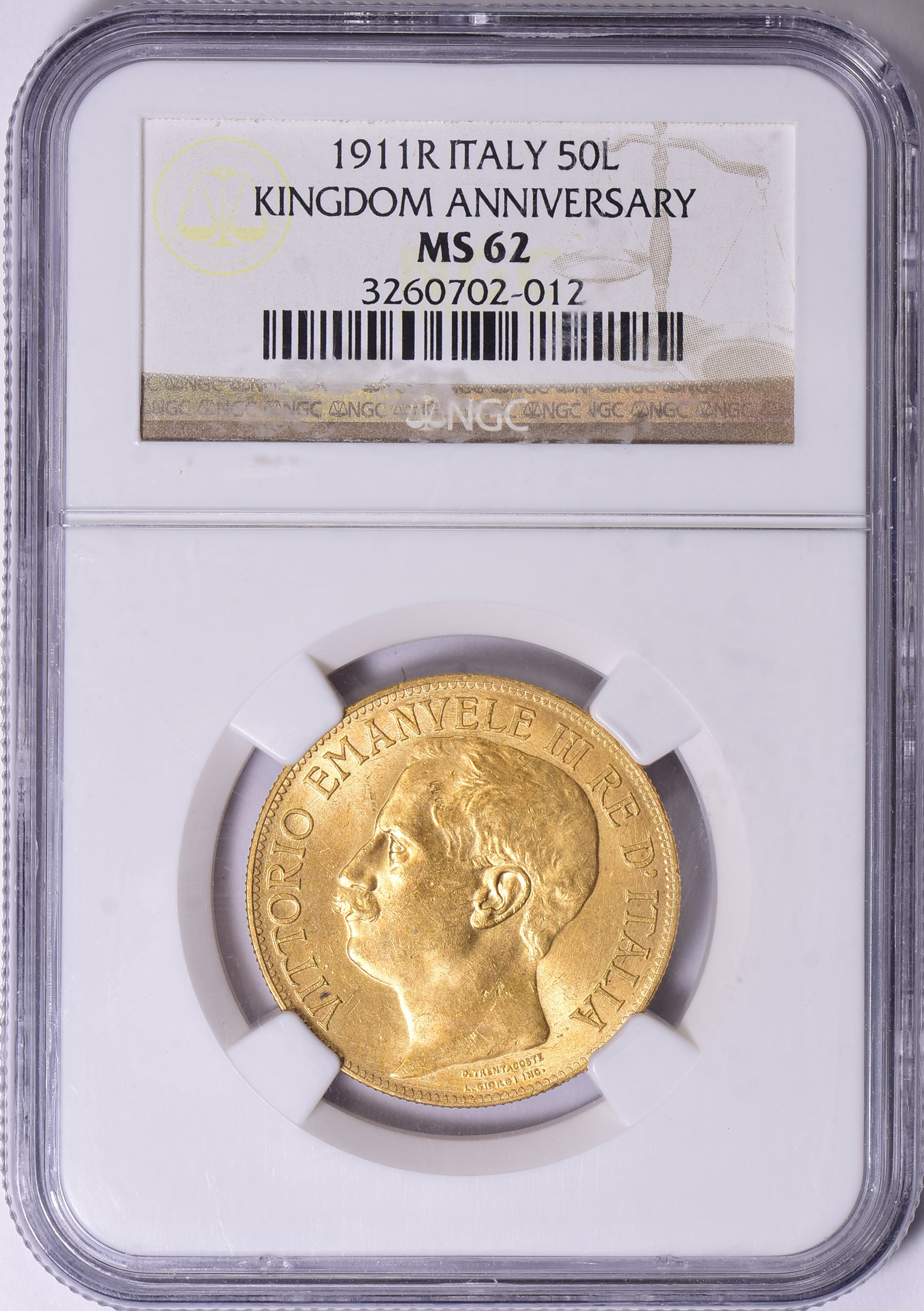 Italy 1911-R Gold 50 Lire Kingdom of Italy 50th Anniversary KM-54 