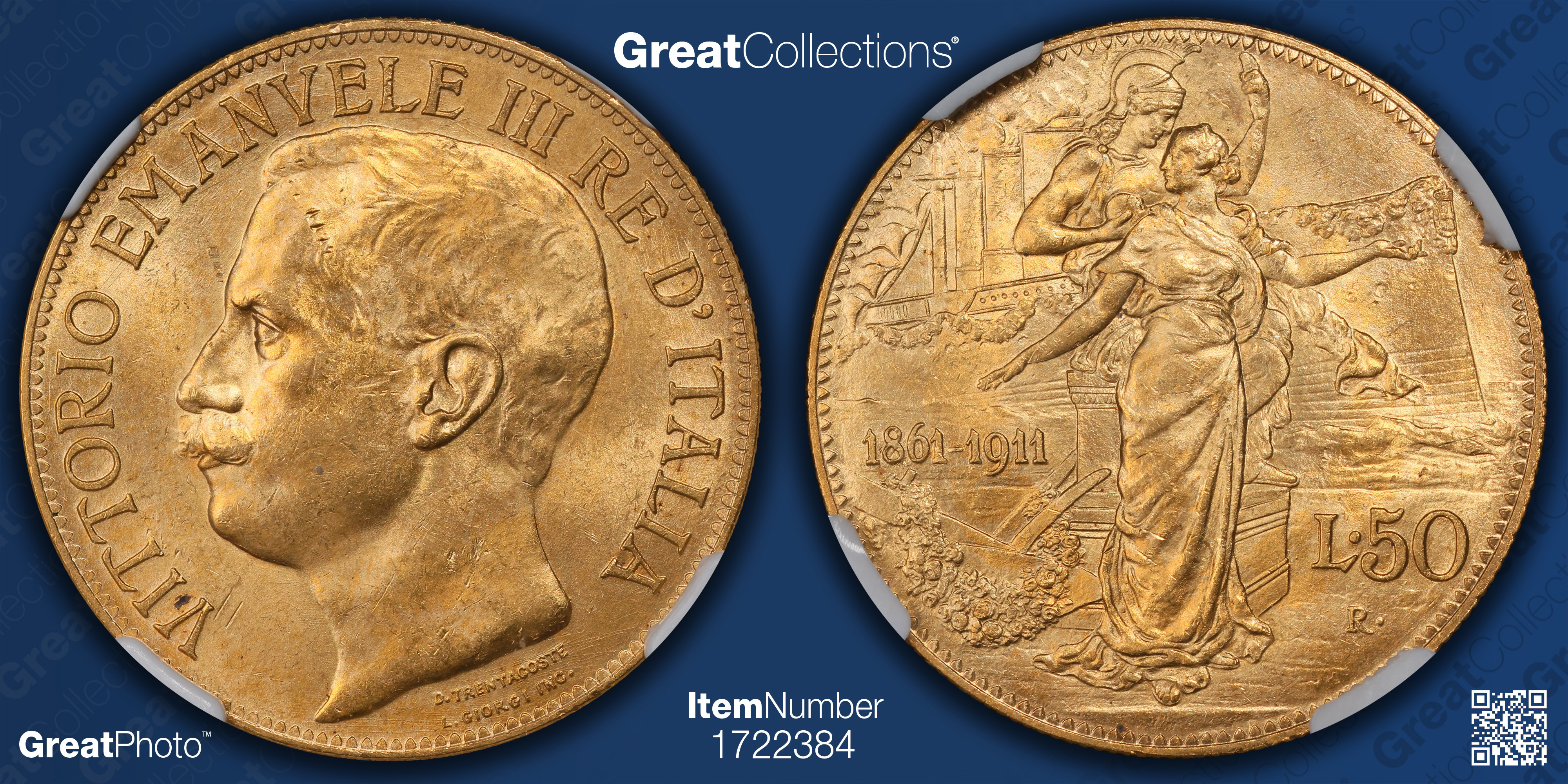 Italy 1911-R Gold 50 Lire Kingdom of Italy 50th Anniversary KM-54 